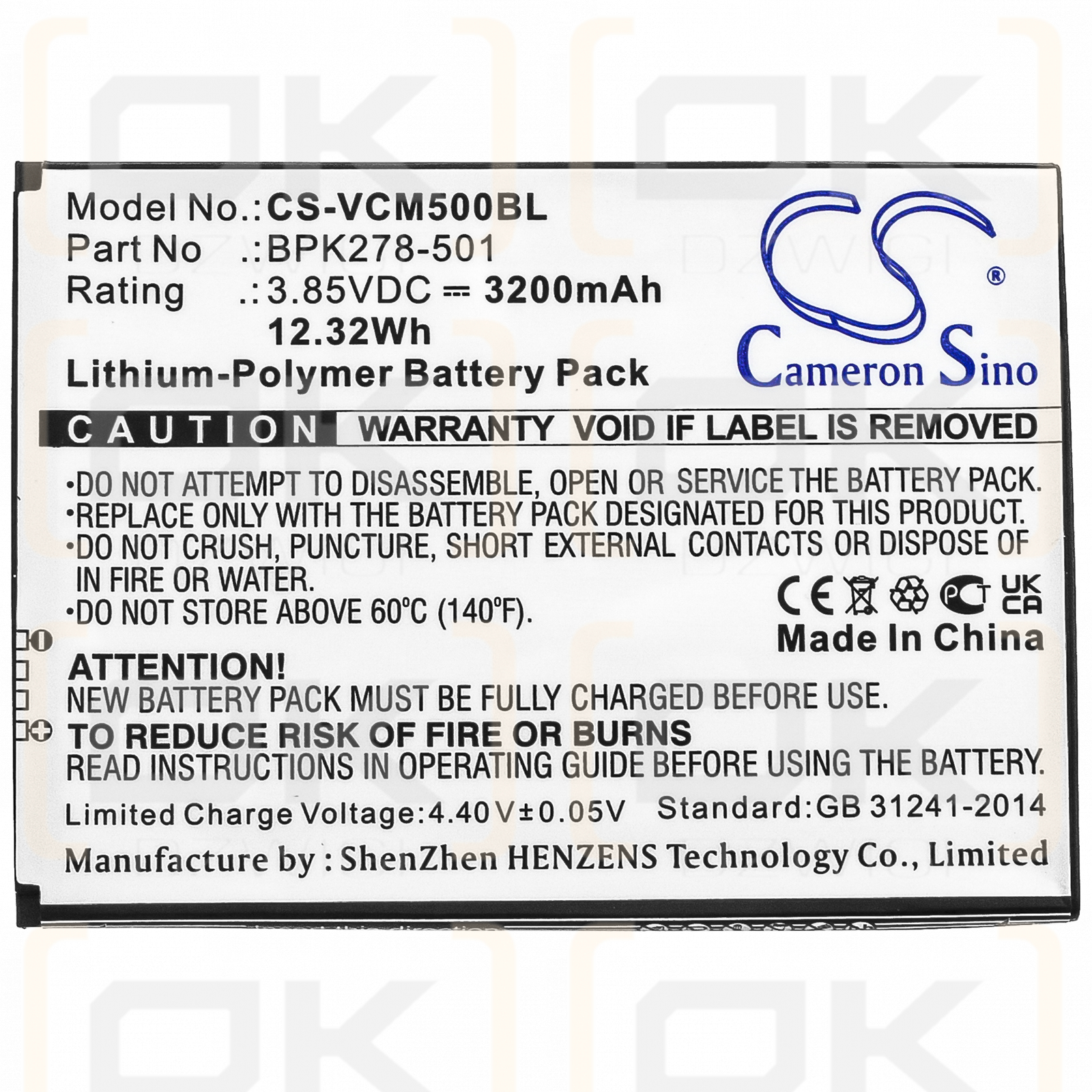 Verifone CM5 / BPK278-501 3200 mAh Li-Polymer 3,85 V (Cameron Sino)