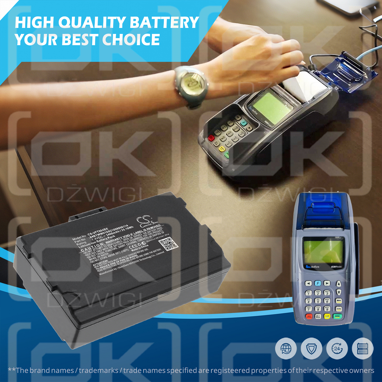 VeriFone Nurit 8400 PCI COMPLIANT / 84BTWW01D021008006114 3400 mAh Li-ion 7.4 V (Cameron Sino)