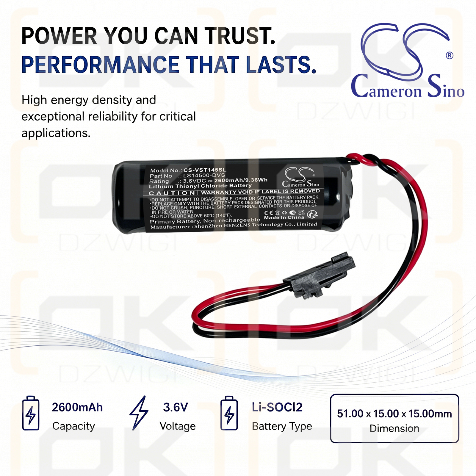 Replacement Battery for Vision Servo DVSC-TT / LS14500-DVS 2600 mAh Li-SOCl2 3.6 V (Cameron Sino)
