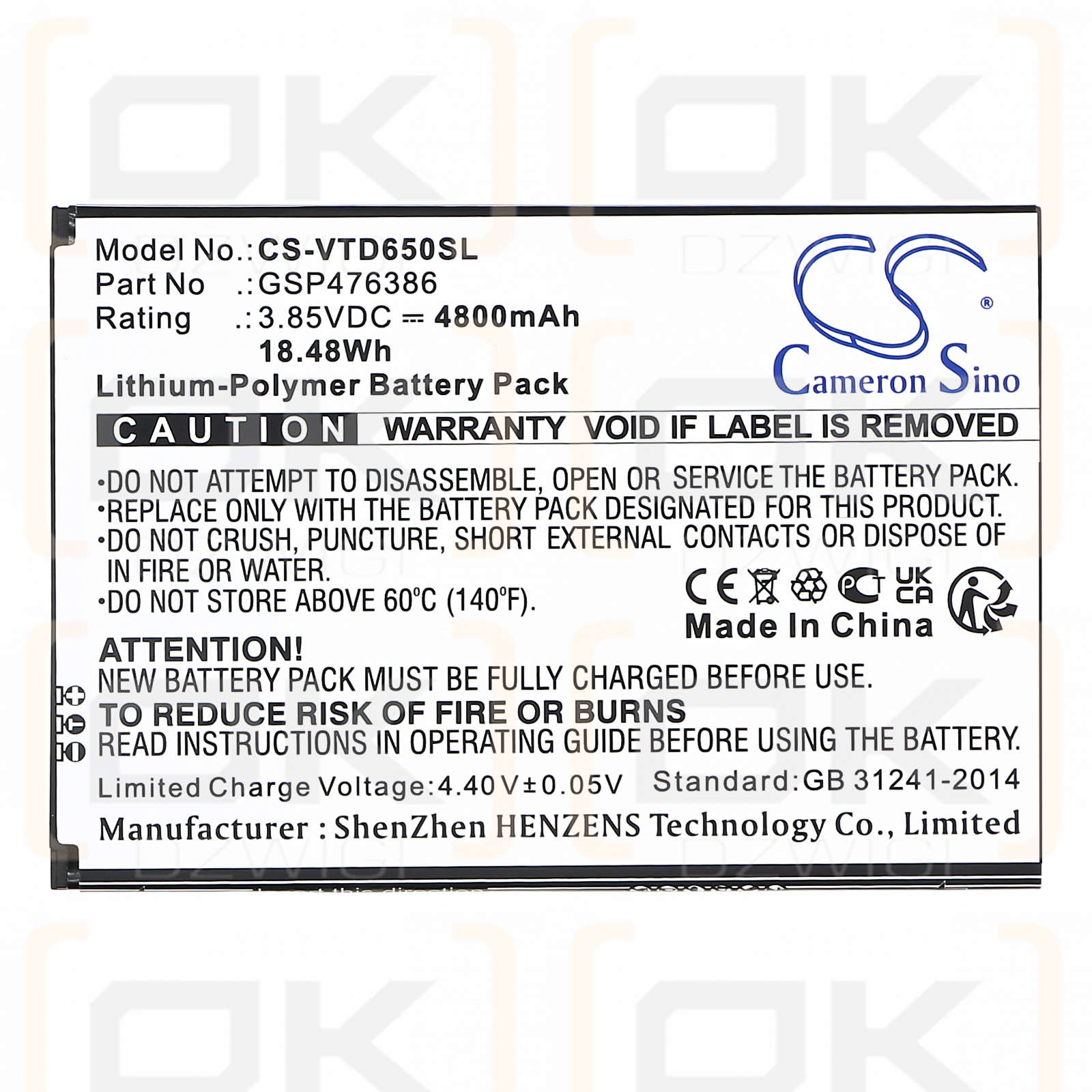 Vortex HD65 + / GSP476386 4800mAh Li-Polymer 3.85V (Cameron Sino)