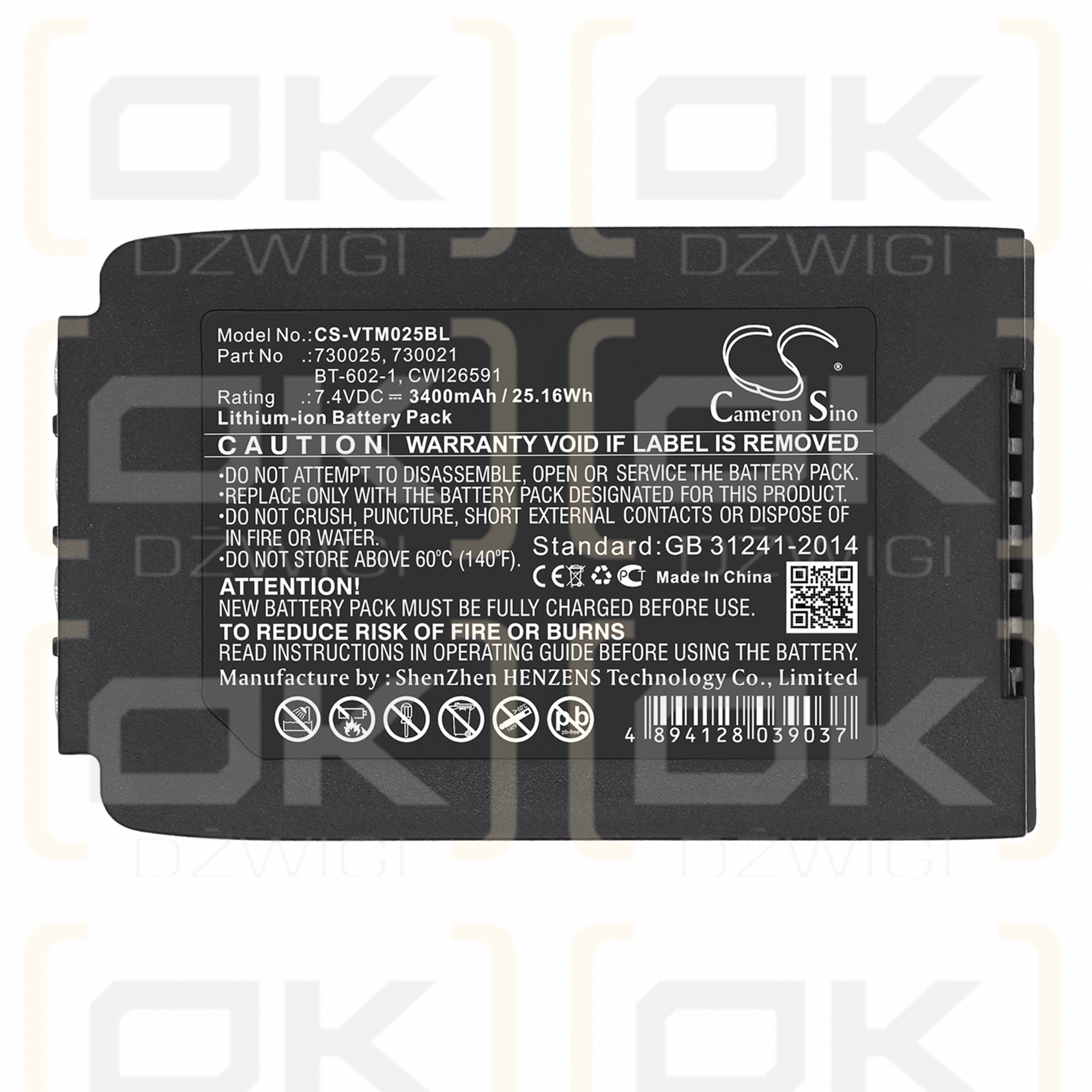 Vocollect Talkman T2X / 730025 3400 mAh Li-ion 7,4 V (Cameron Sino)