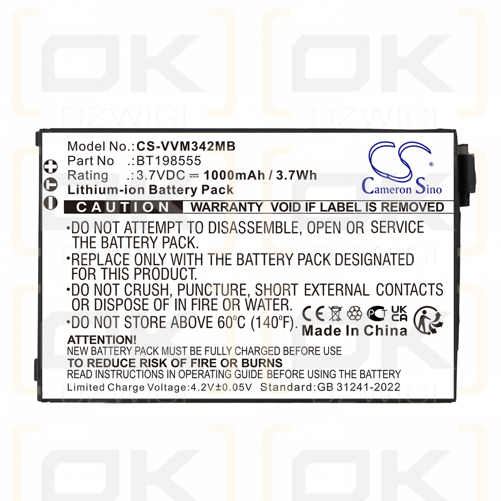 VTech VM342-2 / BT198555 1000mAh Li-ion 3.7V (Cameron Sino)
