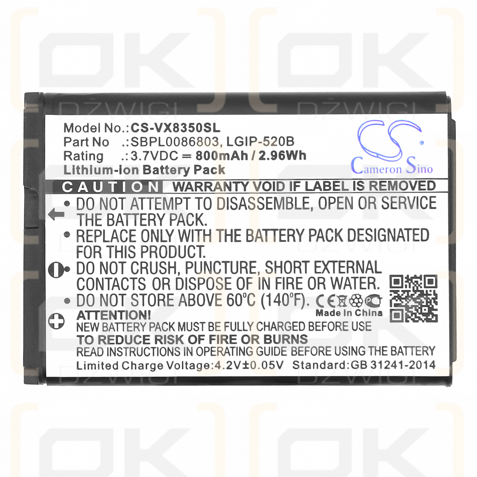 LG Select / LGIP-520B 800 mAh Li-Ion 3,7 V (Cameron Sino)