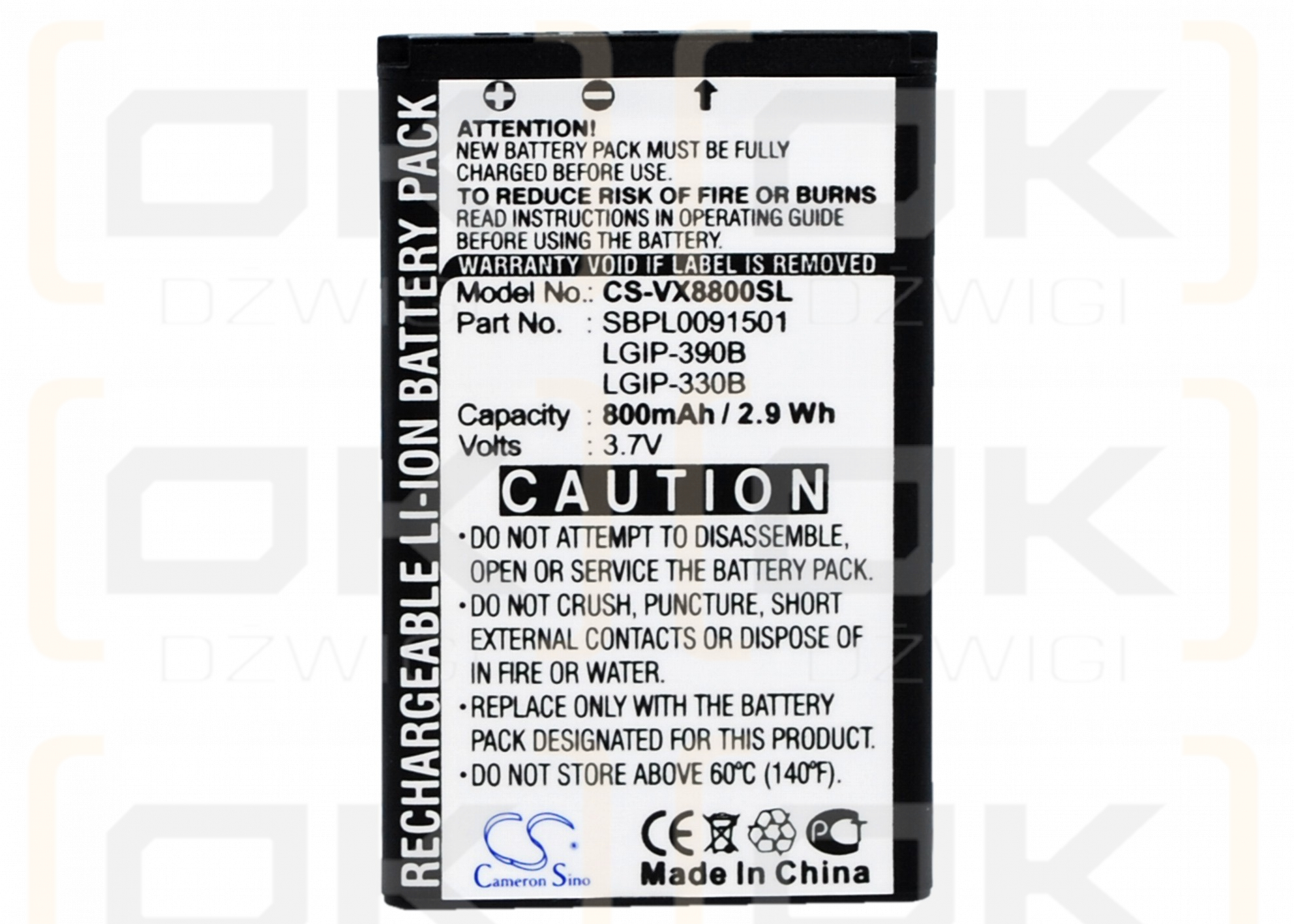 Сменный аккумулятор для LG VX8800 VENUS / LGIP-390B 800 мАч Li-ion 3,7 В (Cameron Sino)