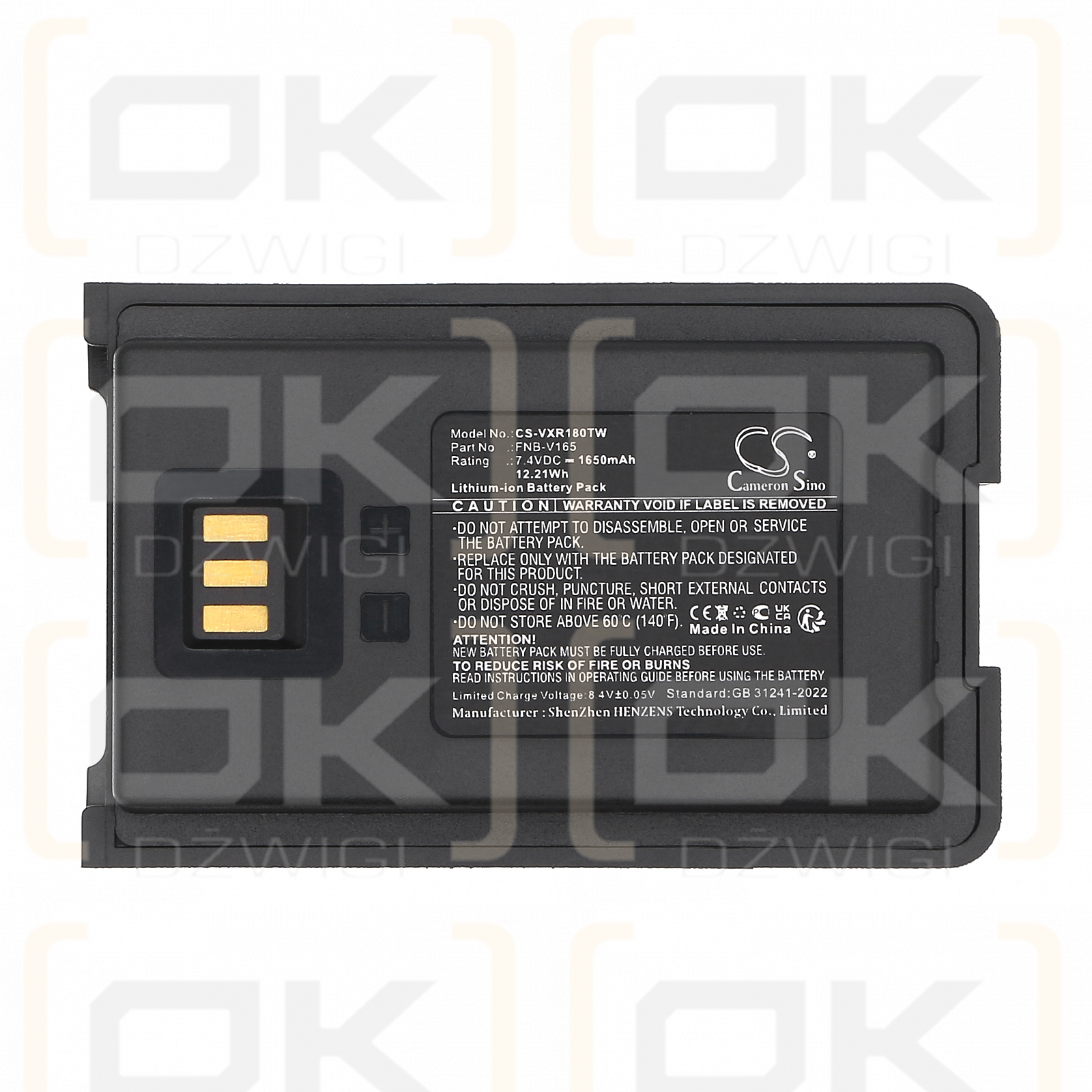 Batería Vertex Standard VZ-18 / FNB-V165 de iones de litio de 1650 mAh y 7,4 V (Cameron Sino)