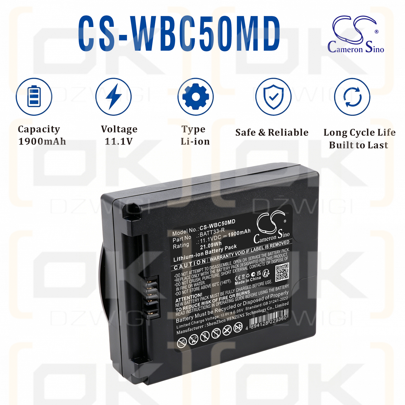 Replacement Battery for Welch-Allyn CP50 Electrocardiograph / BATT33 1900 mAh Li-ion 11.1 V (Cameron Sino)