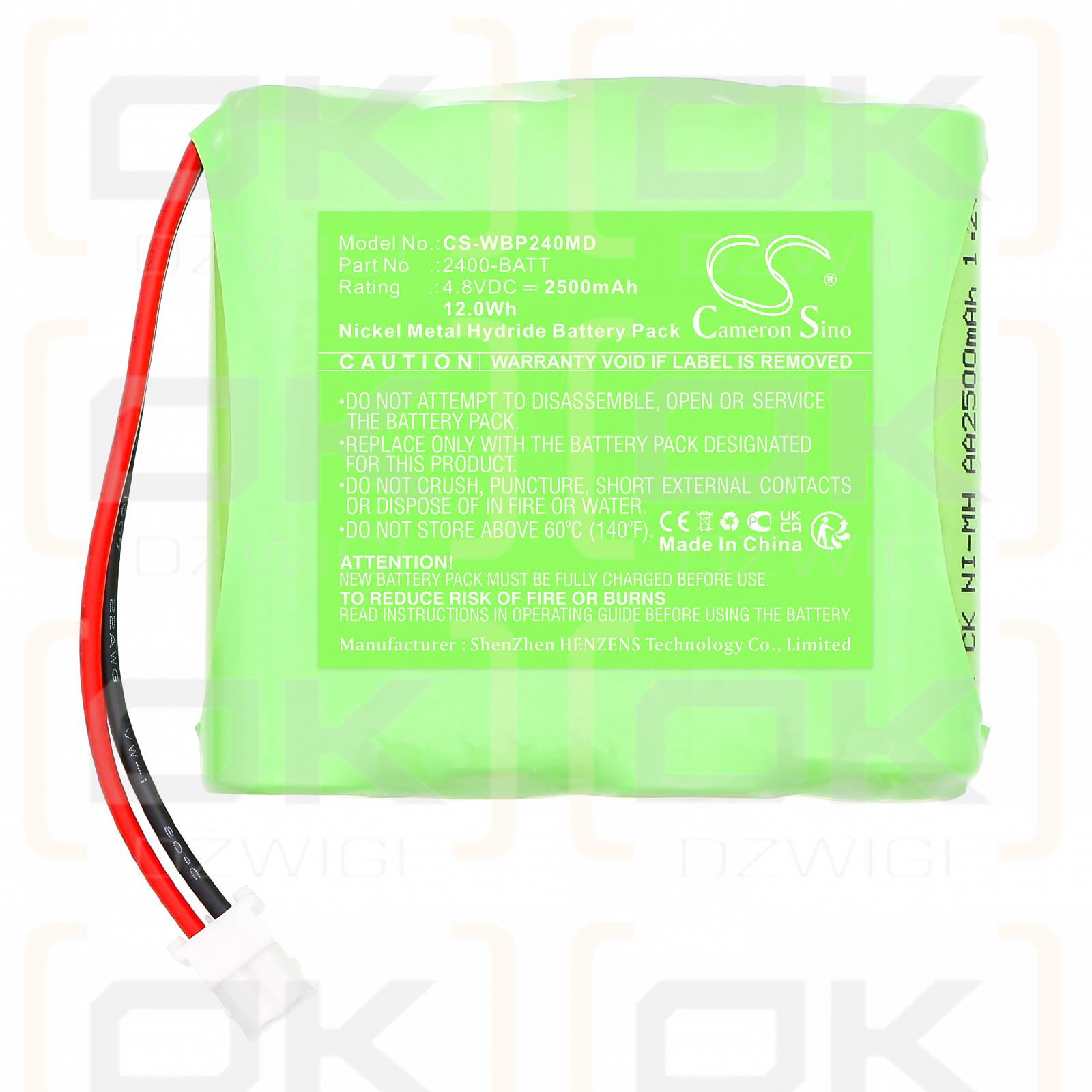 Welch-Allyn ProBP2400 blood pressure monitor / 110969-O 2500mAh Ni-MH 4.8V (Cameron Sino)