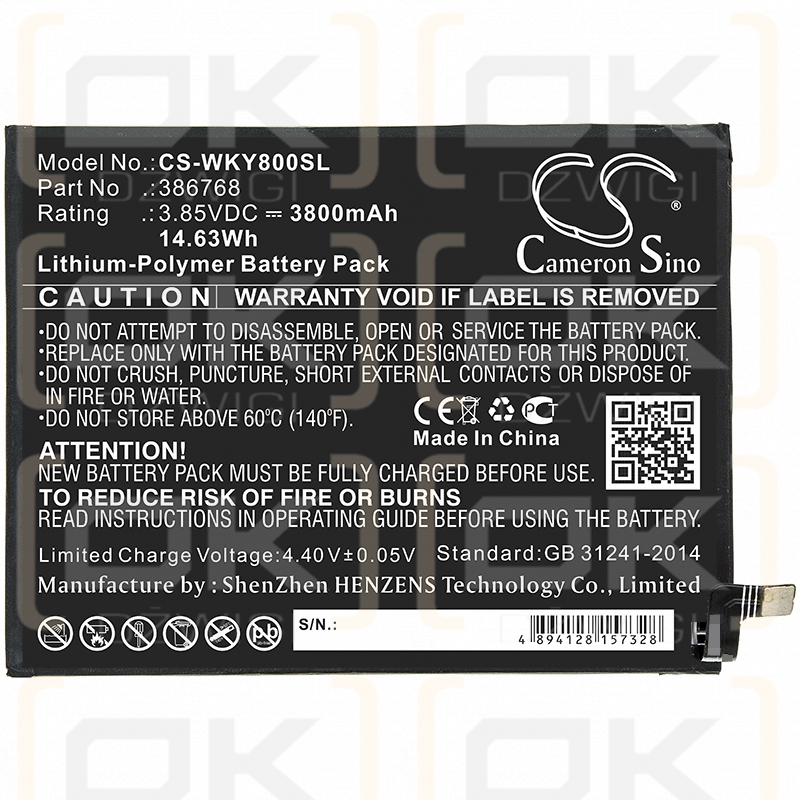 Wiko W-V720 / 386768 3800mAh Li-Polymer 3.85V (Cameron Sino)