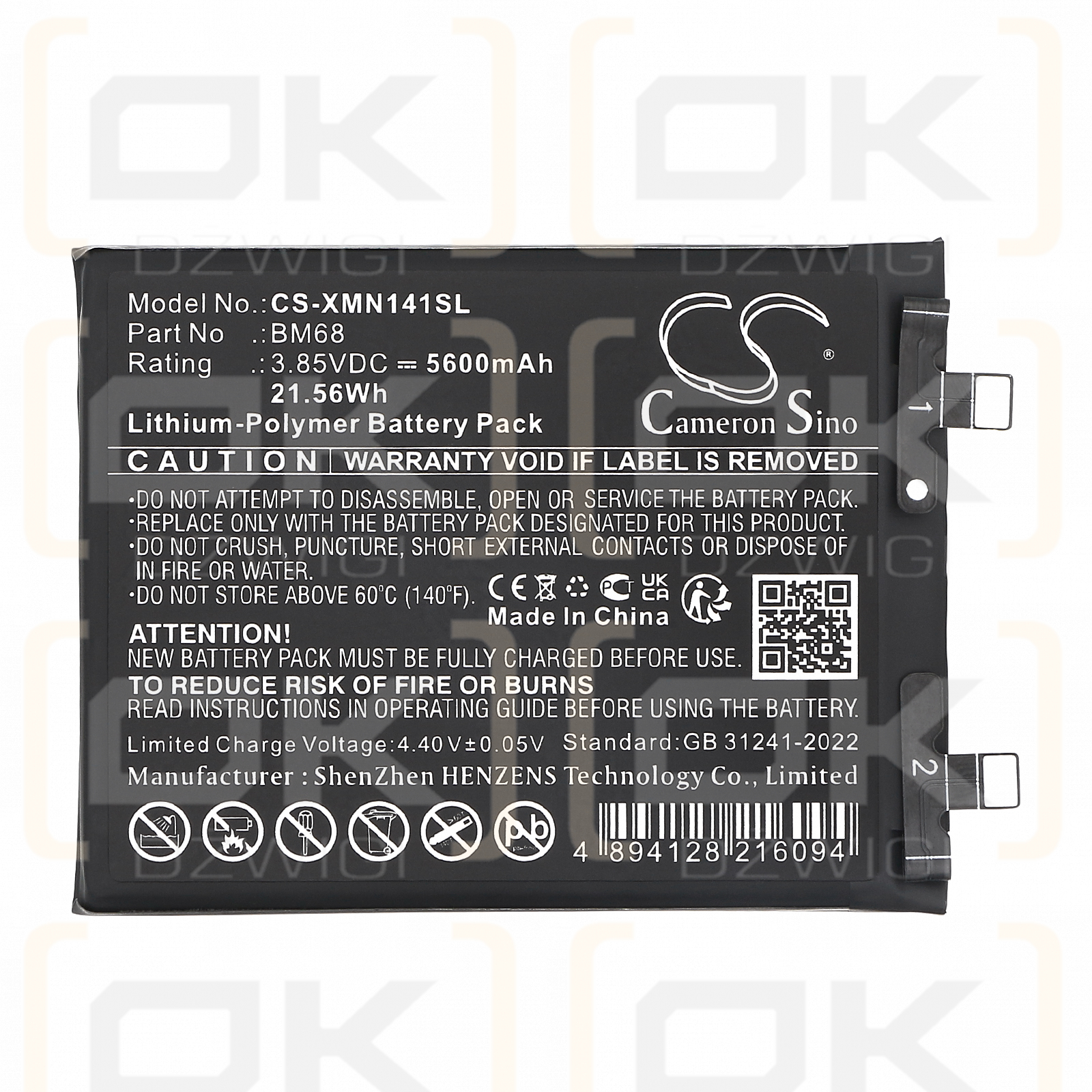 Redmi Note 14 Pro+ / BM68 5600 mAh, polímero de litio, 3,85 V (Cameron Sino)