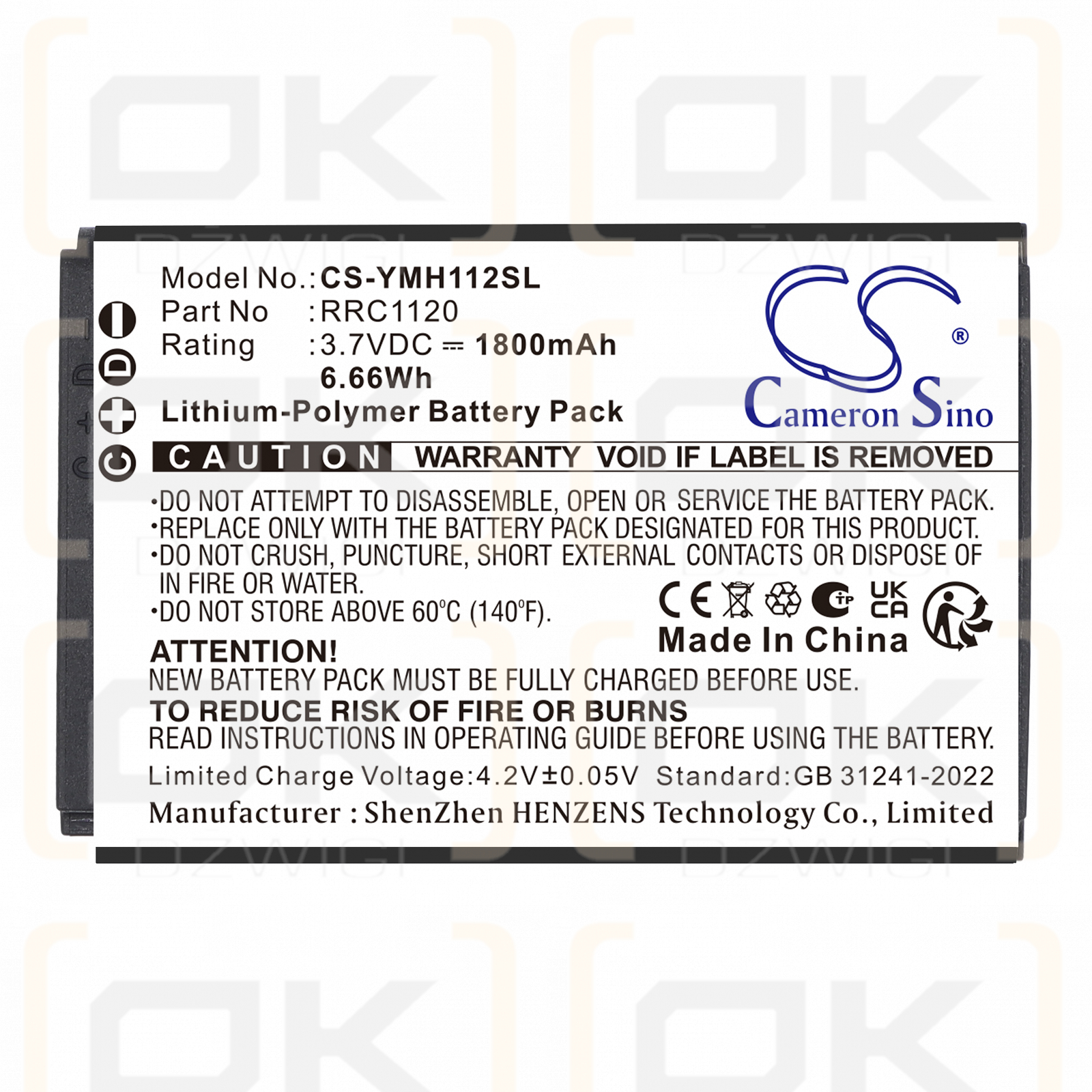 Bateria zamienna do Yamaha RM-WDR Wireless Directional Tabletop Microphone /  RRC1120 1800 mAh Li-Polymer 3.7 V (Cameron Sino)