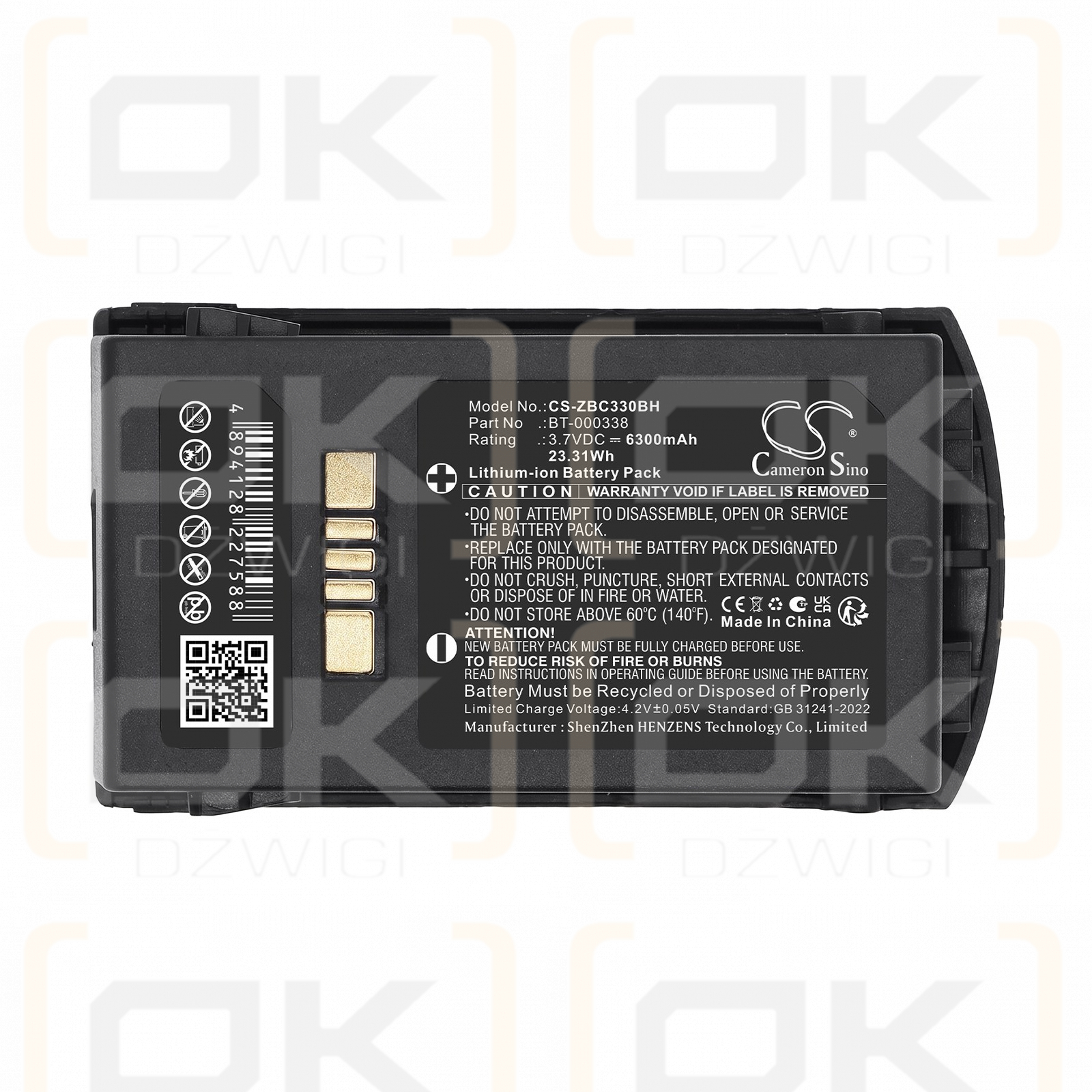 Batería de repuesto para Zebra MC3300 / BT-000337, 6300 mAh, herramientas, 3,7 V (Cameron Sino)
