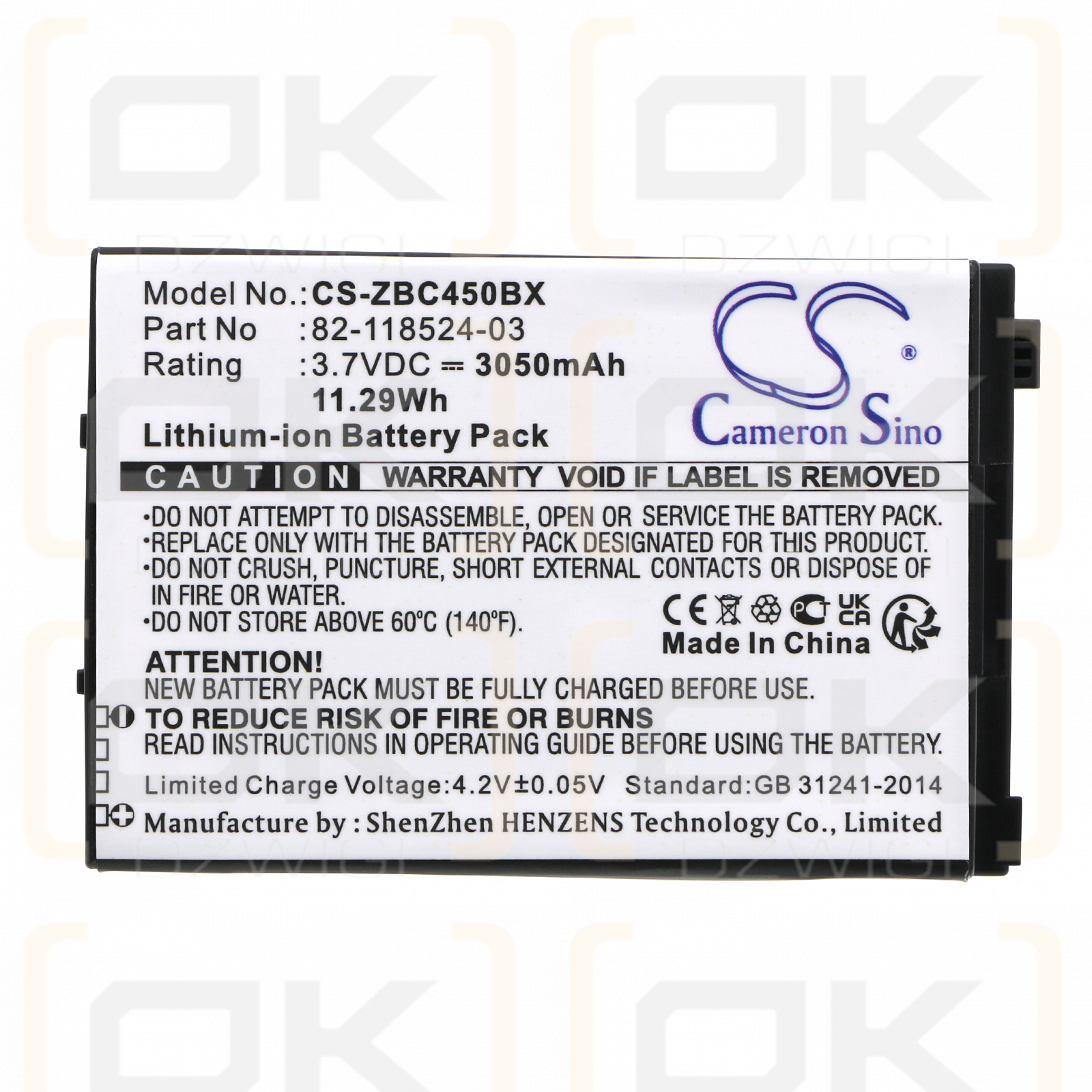 Zebra MC45 / 82-118524-03 3050mAh Li-ion 3.7V (Cameron Sino)