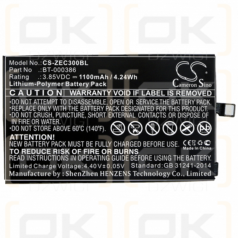 Zebra EC300K / BT-000386 1100mAh Li-Polymer 3.85V (Cameron Sino)