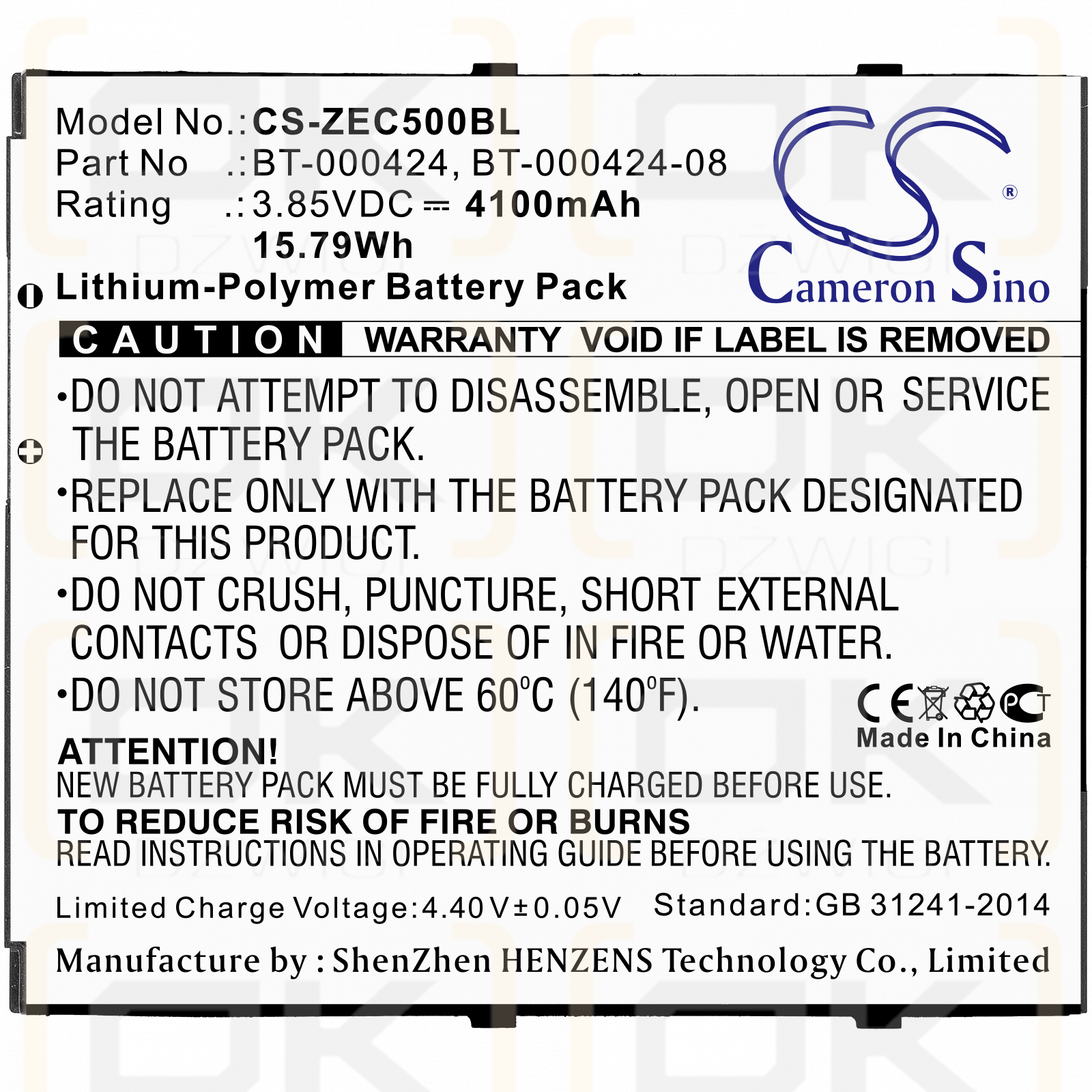 Zebra EC55AK-11B132-NA EC55 / BT-000424 4100mAh Li-Polymer 3.85V (Cameron Sino)