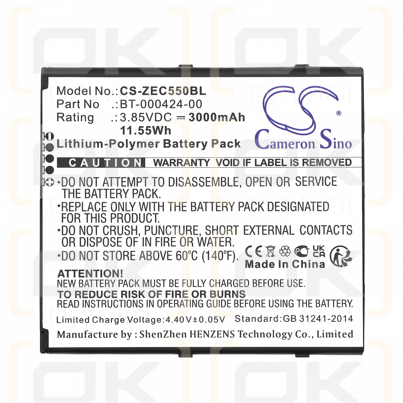 Zebra EC55AK-11B132-NA EC55 / BT-000424-00 3000mAh Li-Polymer 3.85V (Cameron Sino)