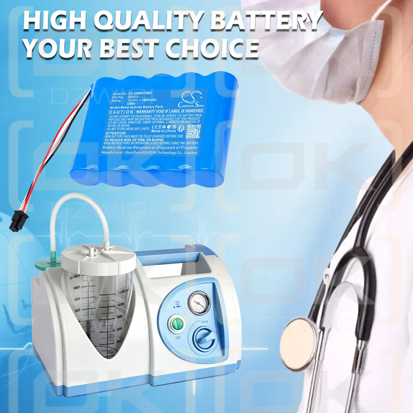 Сменный аккумулятор для медицинского вакуумного насоса Zeiner Medical Rescue / MB933 3000 мАч Ni-MH 12 В (Cameron Sino)