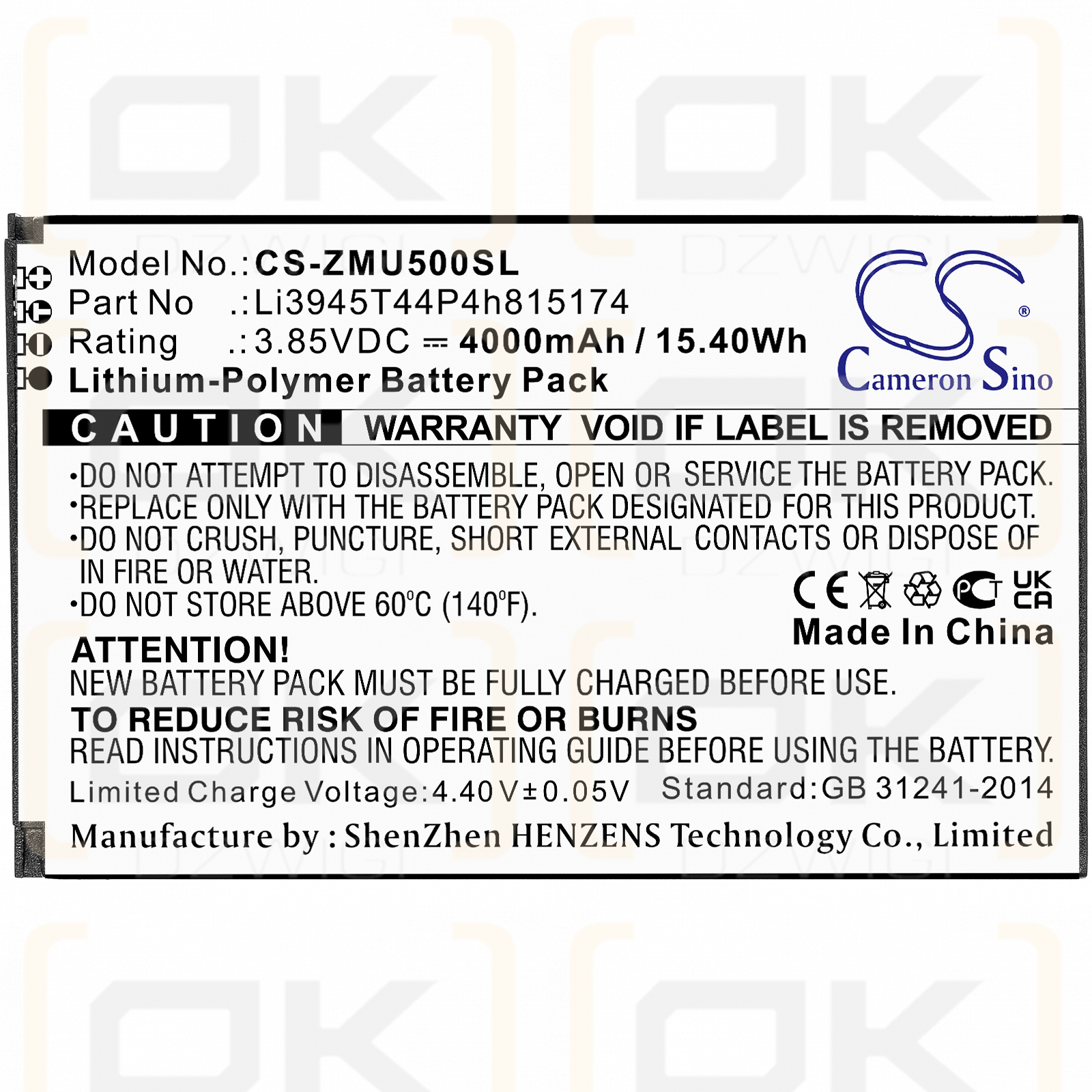 ZTE MU501 / Li3945T44P4h815174 4000mAh Li-Polímero 3.85V (Cameron Sino)