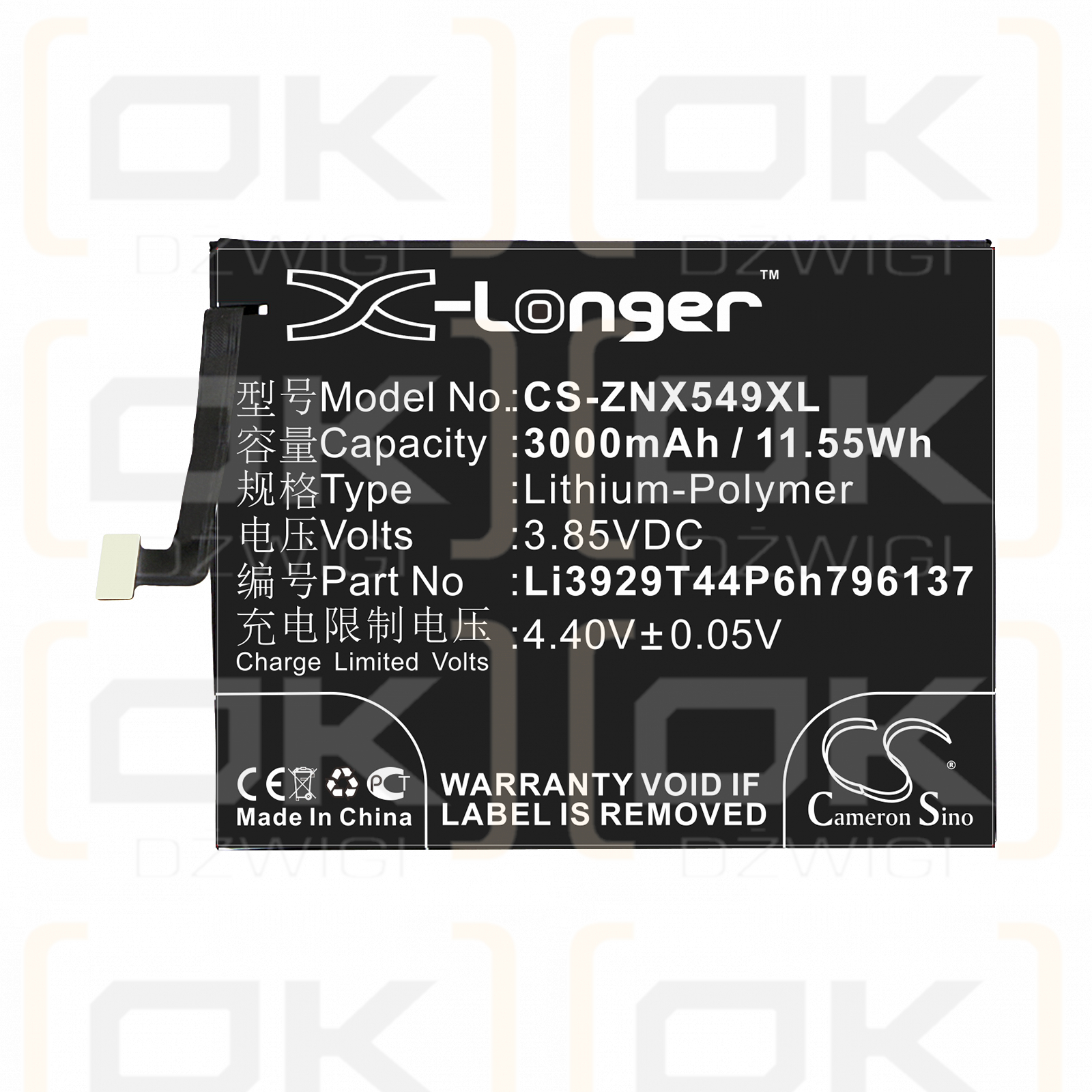 ZTE NX549J / Li3929T44P6h796137 3000mAh Li-Polímero 3.85V (Cameron Sino)