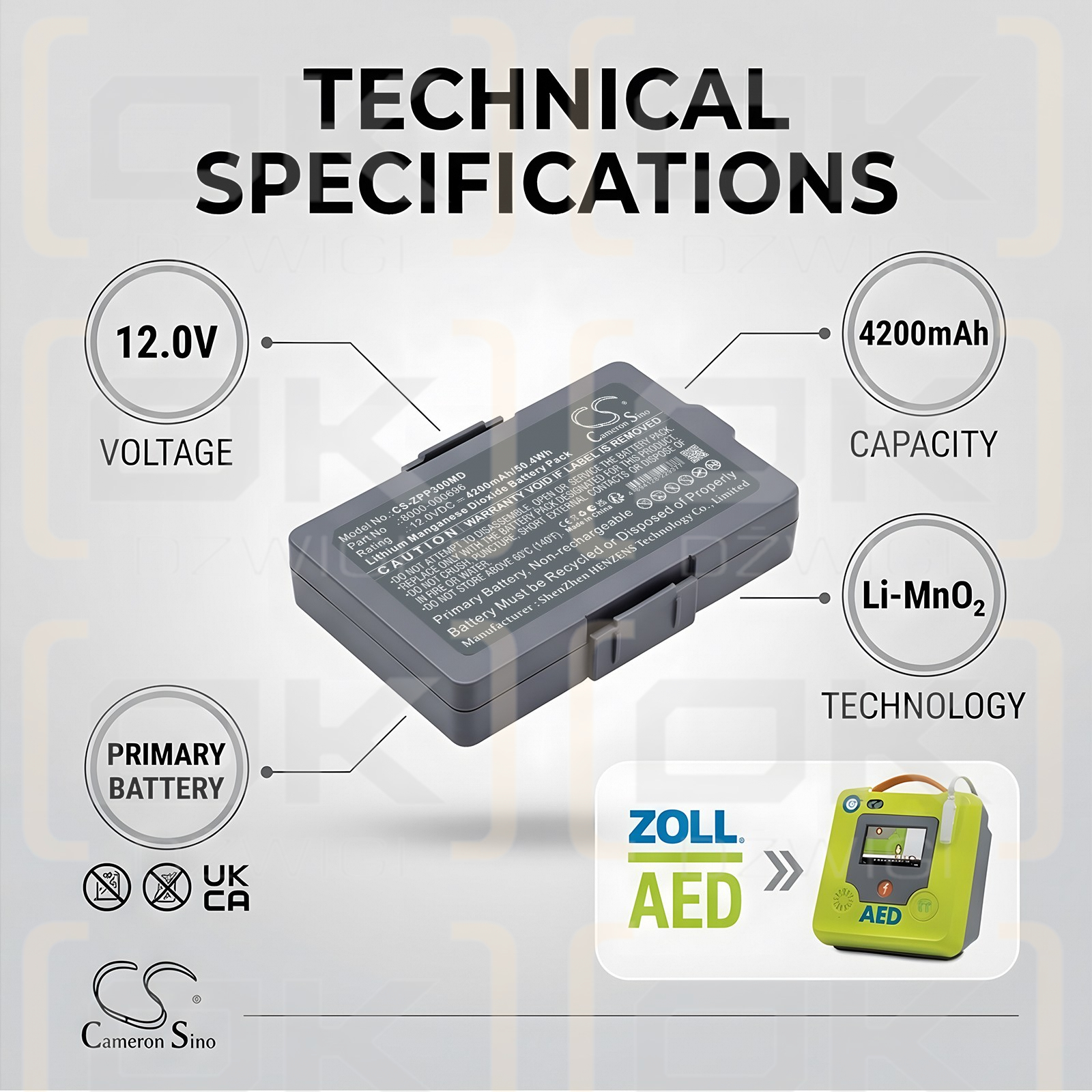 Сменный аккумулятор для Zoll AED 3 / 8000-000696 4200 мАч Li-MnO2 12 В (Cameron Sino)