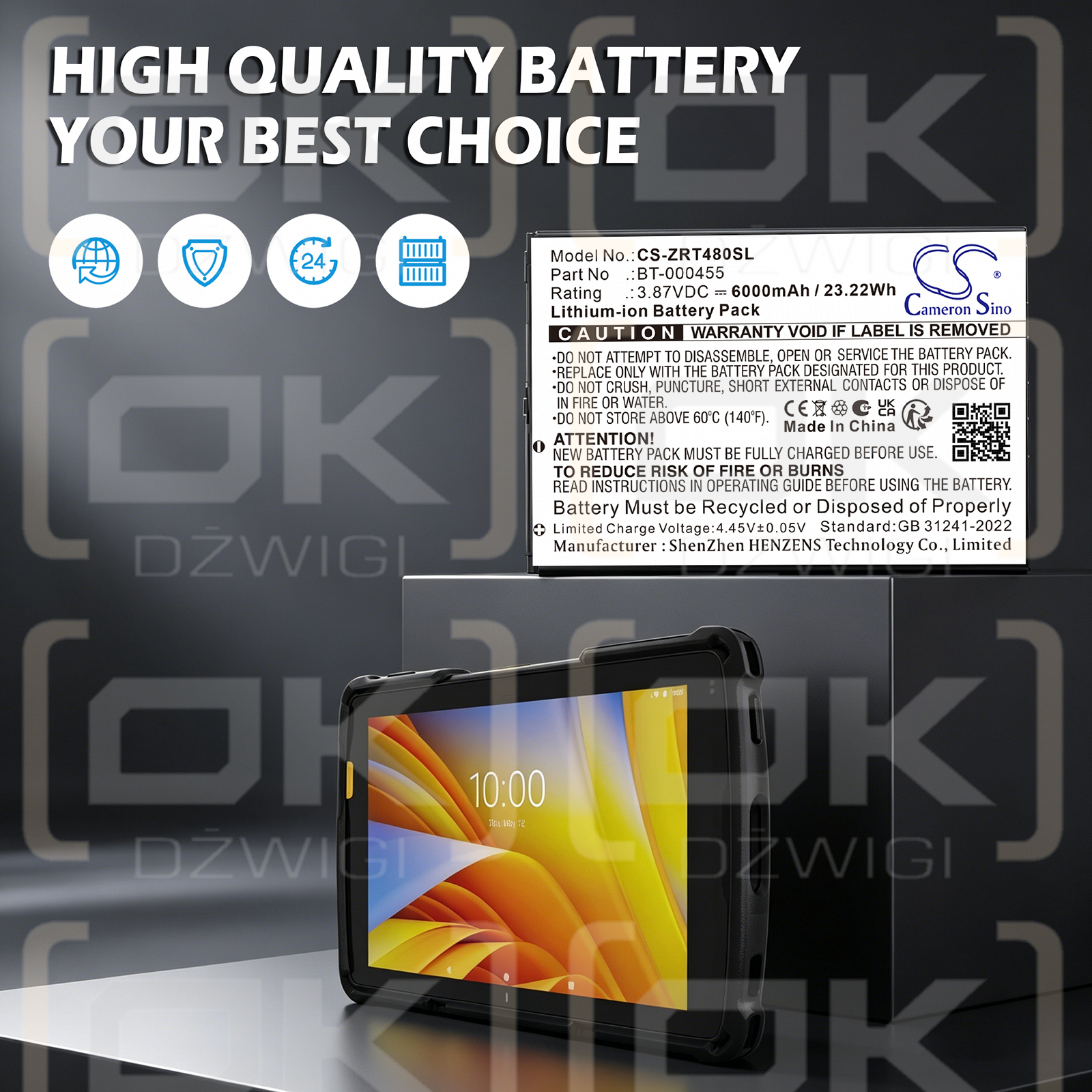 Replacement Battery for Zebra ZT45 8-Inch / BT-000455 6000 mAh Li-ion 3.87 V (Cameron Sino)