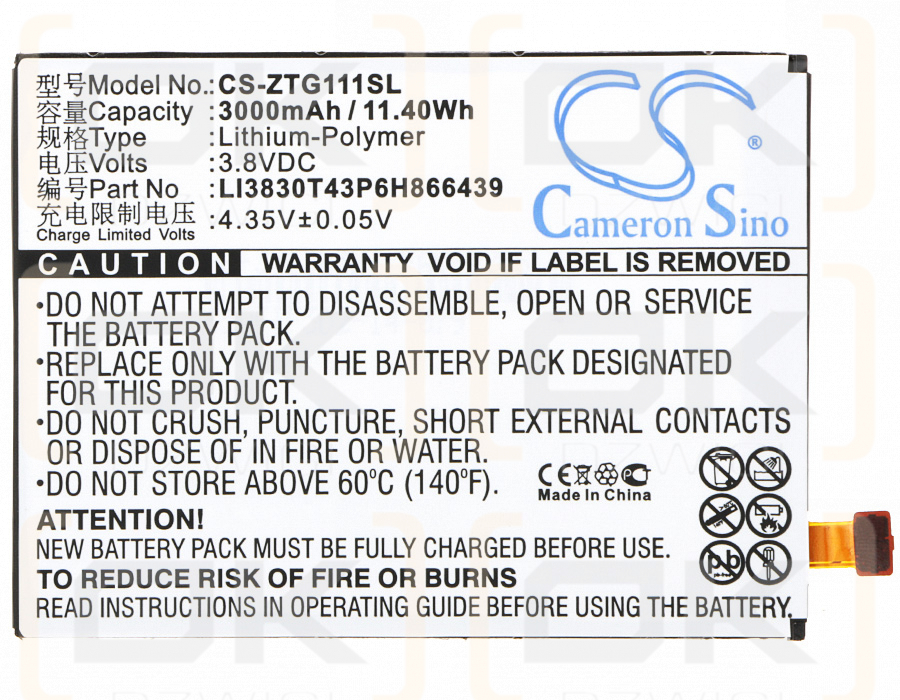 ZTE N9518 / LI3830T43P6H866439 3000 мАч литий-полимерный 3,8 В (Cameron Sino)