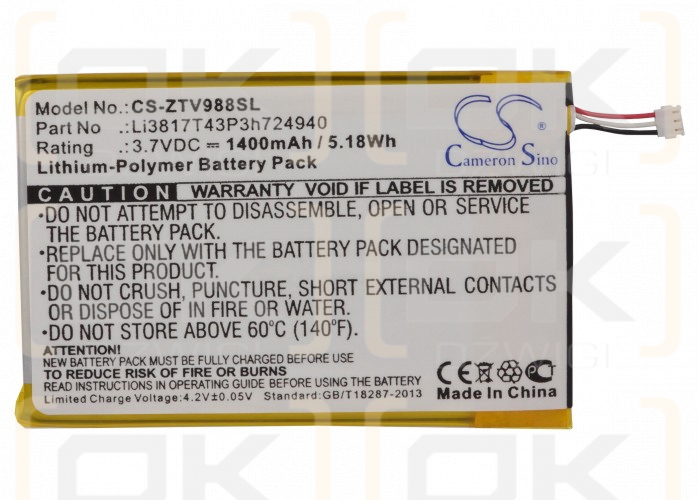 ZTE NTZEZ753G3P5P / Li3817T43P3h724940 1400 mAh Li-Polymer 3.7 V (Cameron Sino)