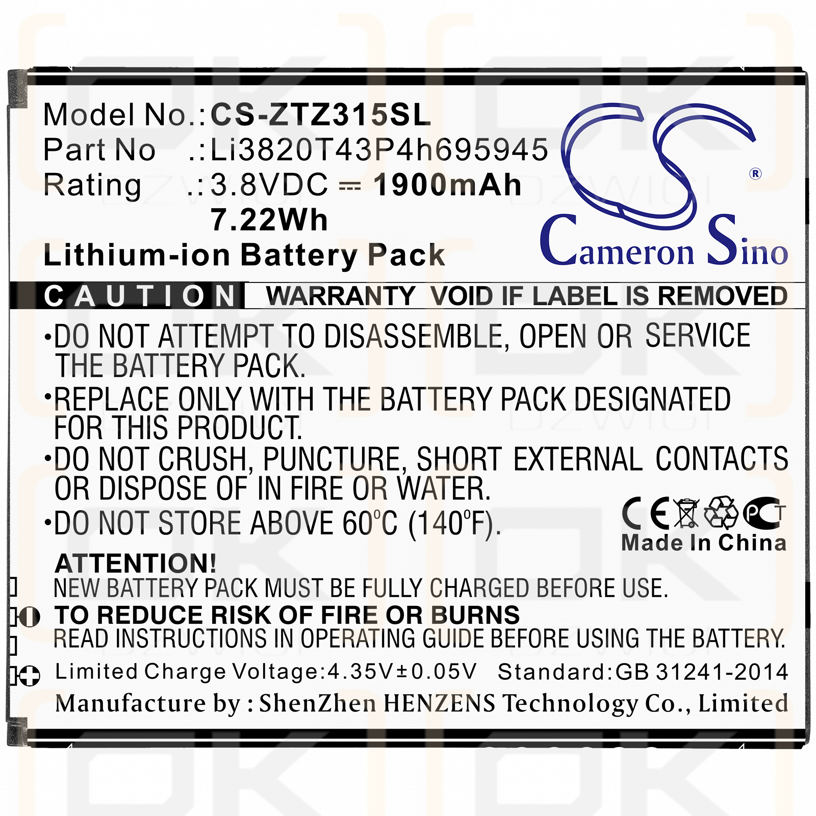 ZTE Blade A3 2019 / Li3820T43P4h695945 1900mAh Li-ion 3.8V (Cameron Sino)