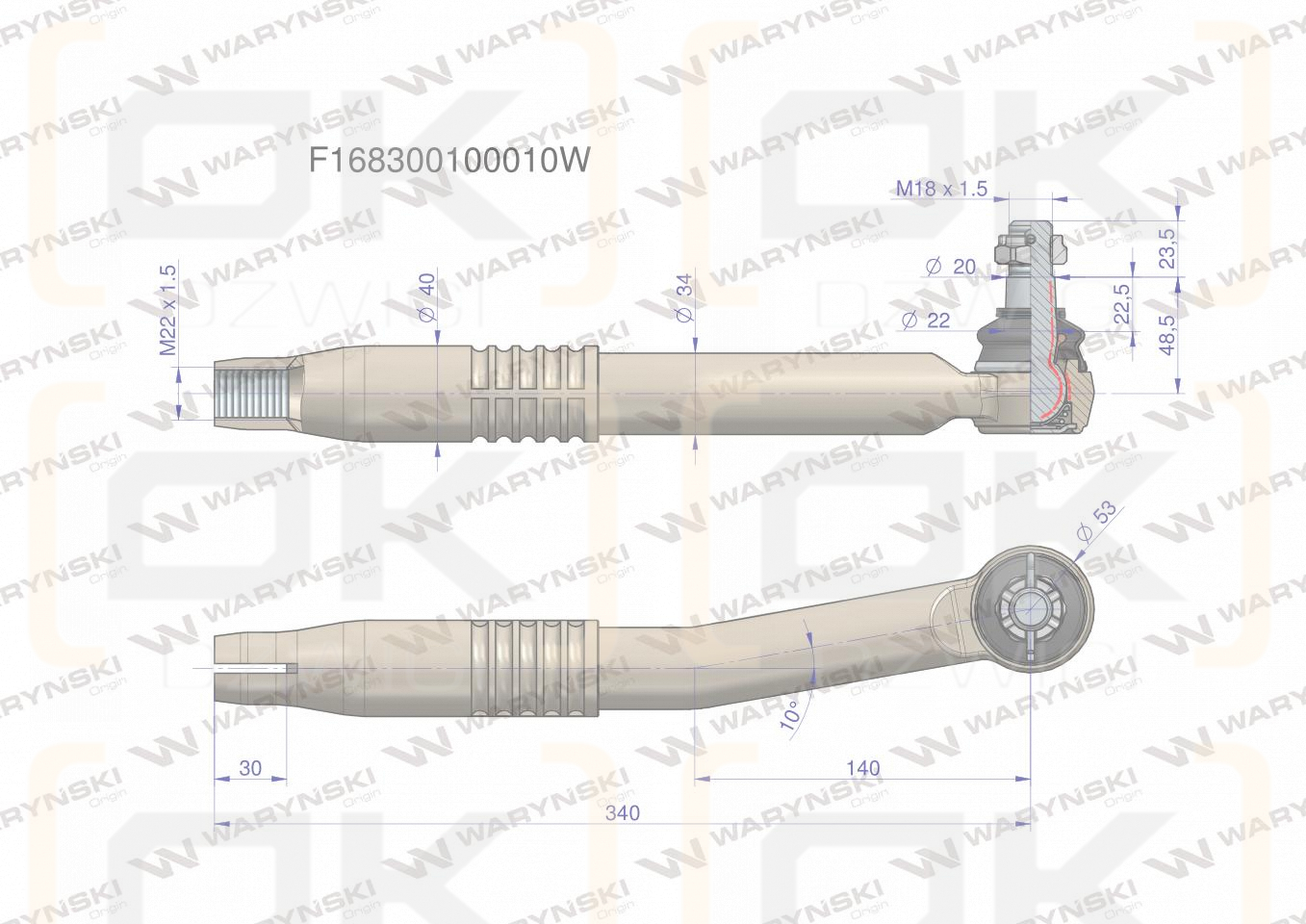 Przegub kierowniczy lewy M22x1.5 F168300100010 WARYŃSKI