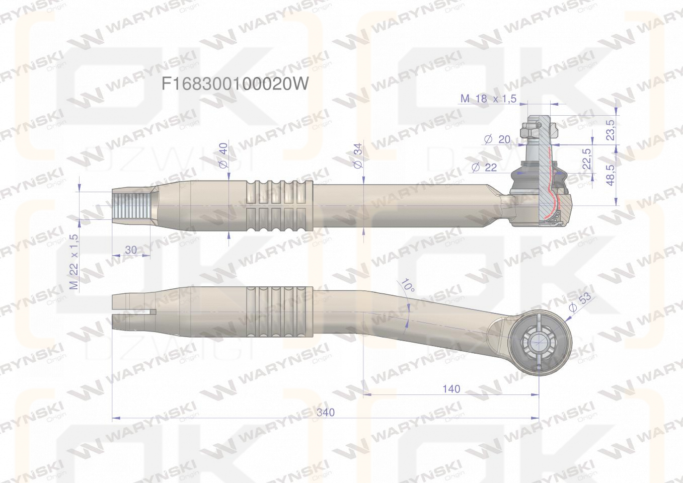 Przegub kierowniczy prawy 340mm - M22x1,5 F168300100020 WARYŃSKI