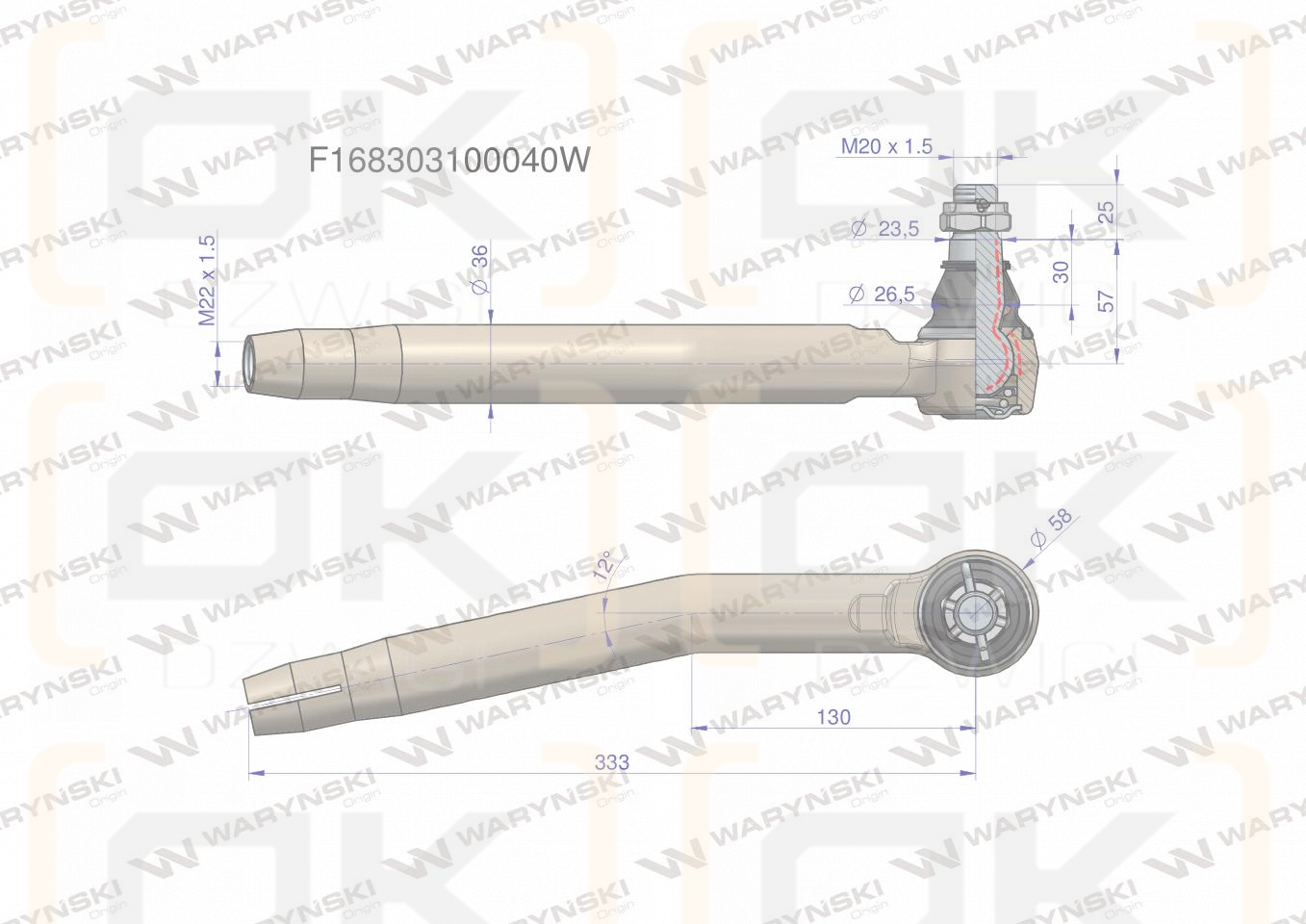 Przegub kierowniczy prawy M22x1.5 F168303100040 WARYŃSKI