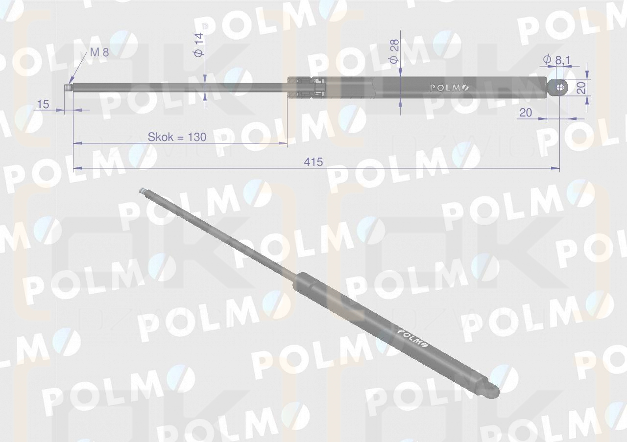 Siłownik szyby przedniej L max. 415mm F182800200210P FENDT POLMO