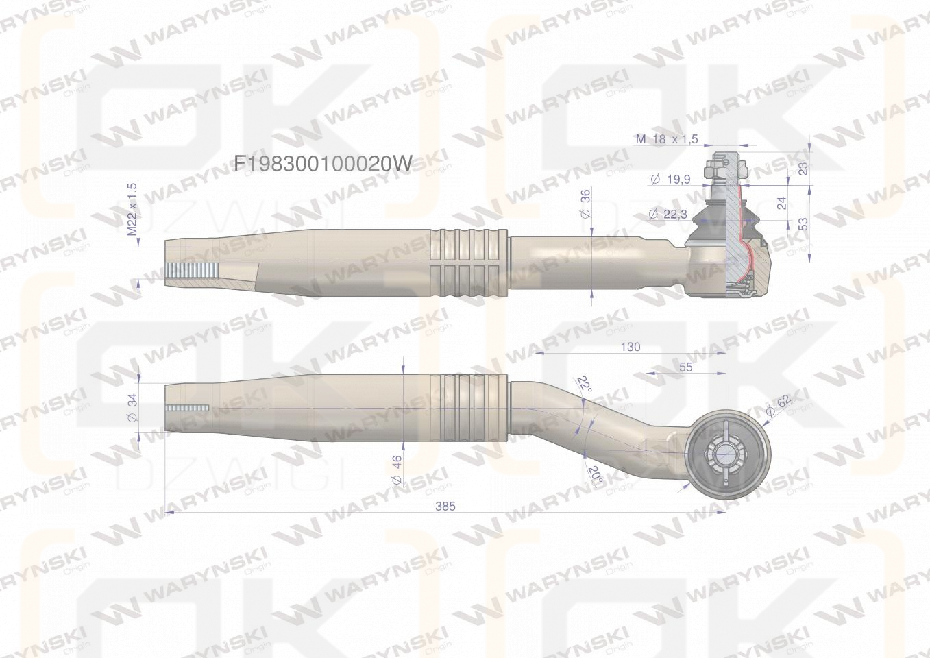 Przegub kierowniczy prawy 385mm- M22x1,5 F198300100020 WARYŃSKI
