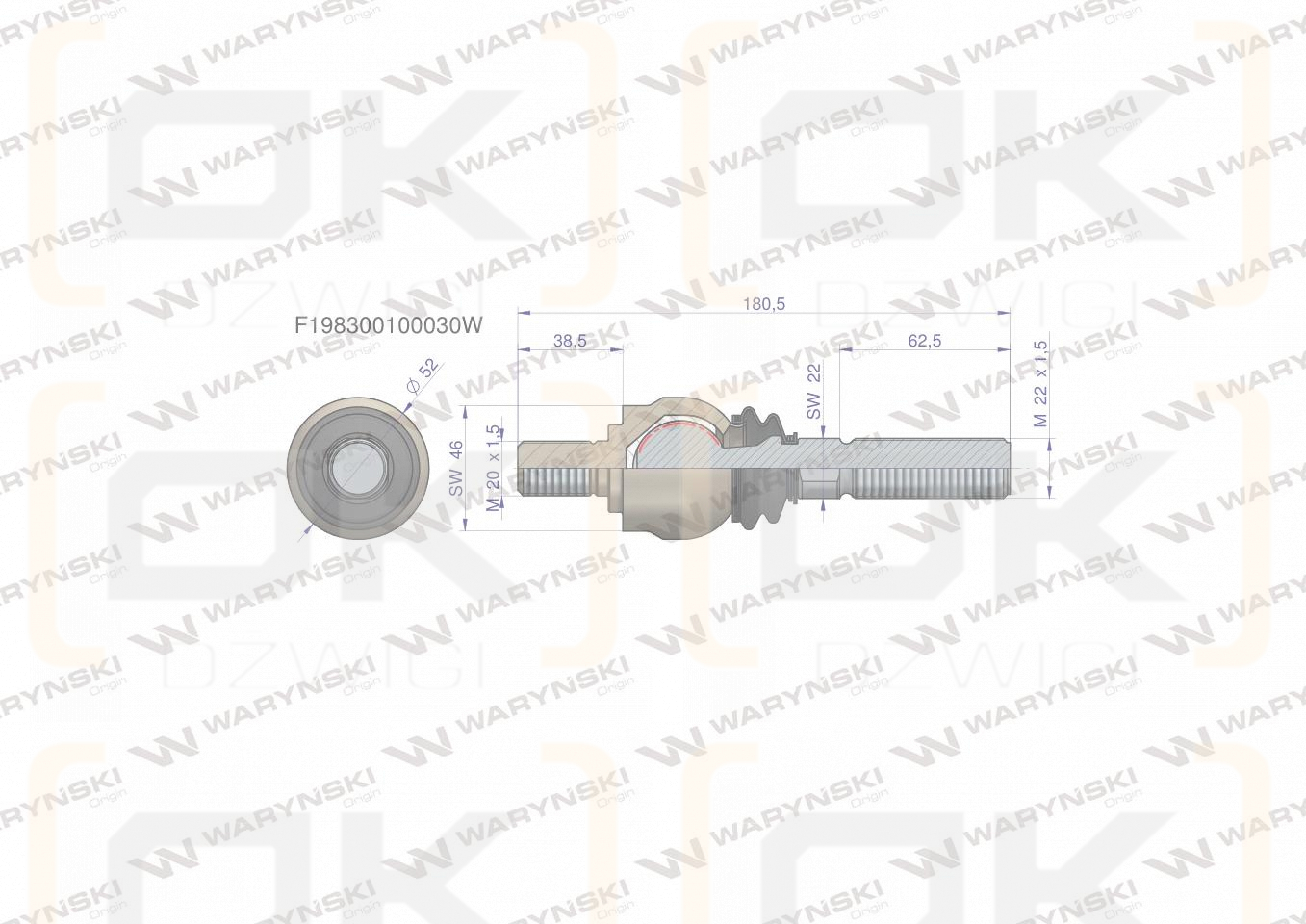 Przegub kierowniczy 180,5mm- M20x1,5; M22x1,5 F198300100030 WARYŃSKI