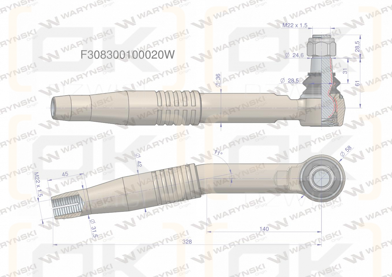 Przegub kierowniczy prawy M22x1.5 F308300100020 WARYŃSKI
