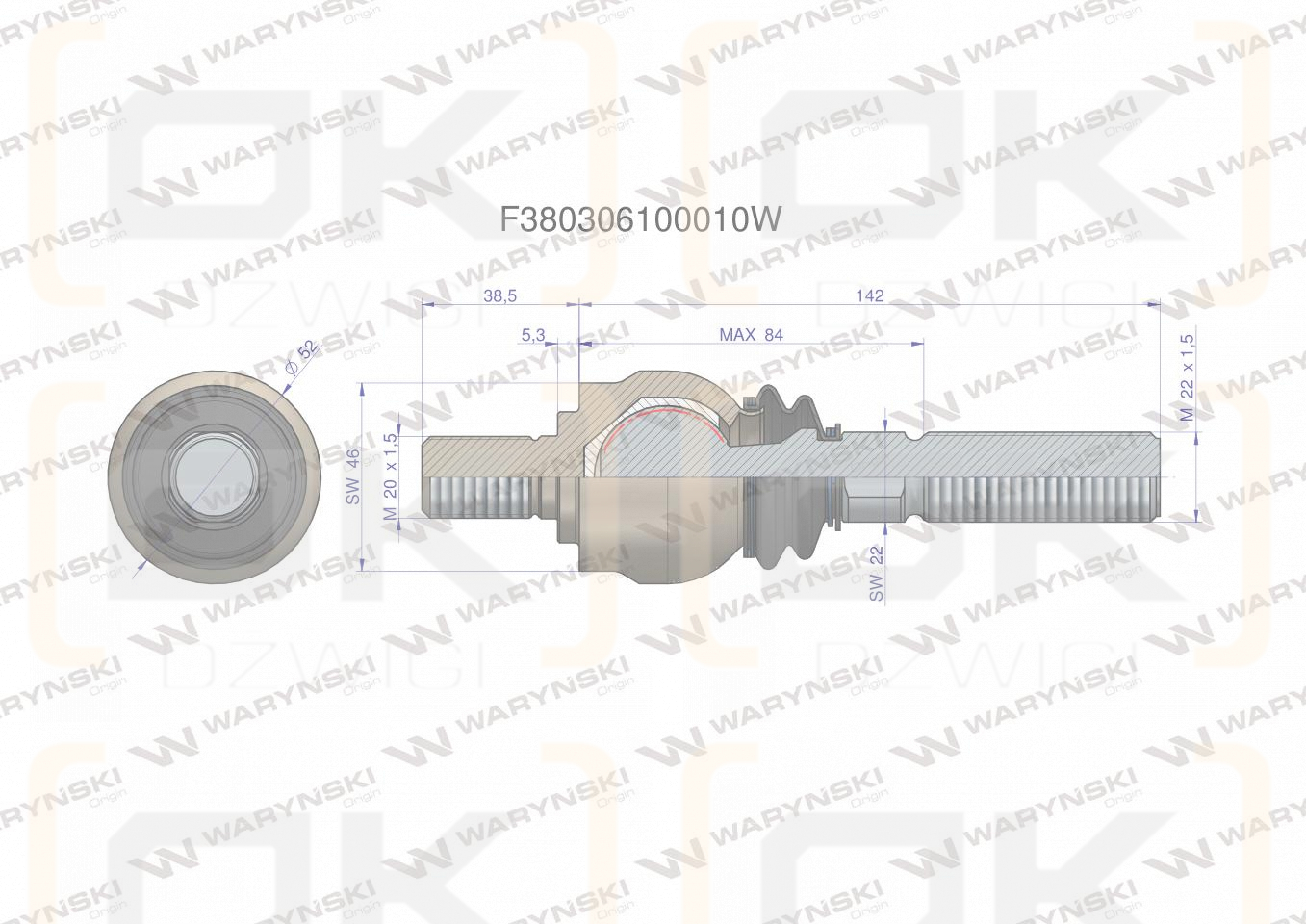 Przegub kierowniczy 180,5 mm - M20x1,5 ; M22x1,5 F380306100010 WARYŃSKI