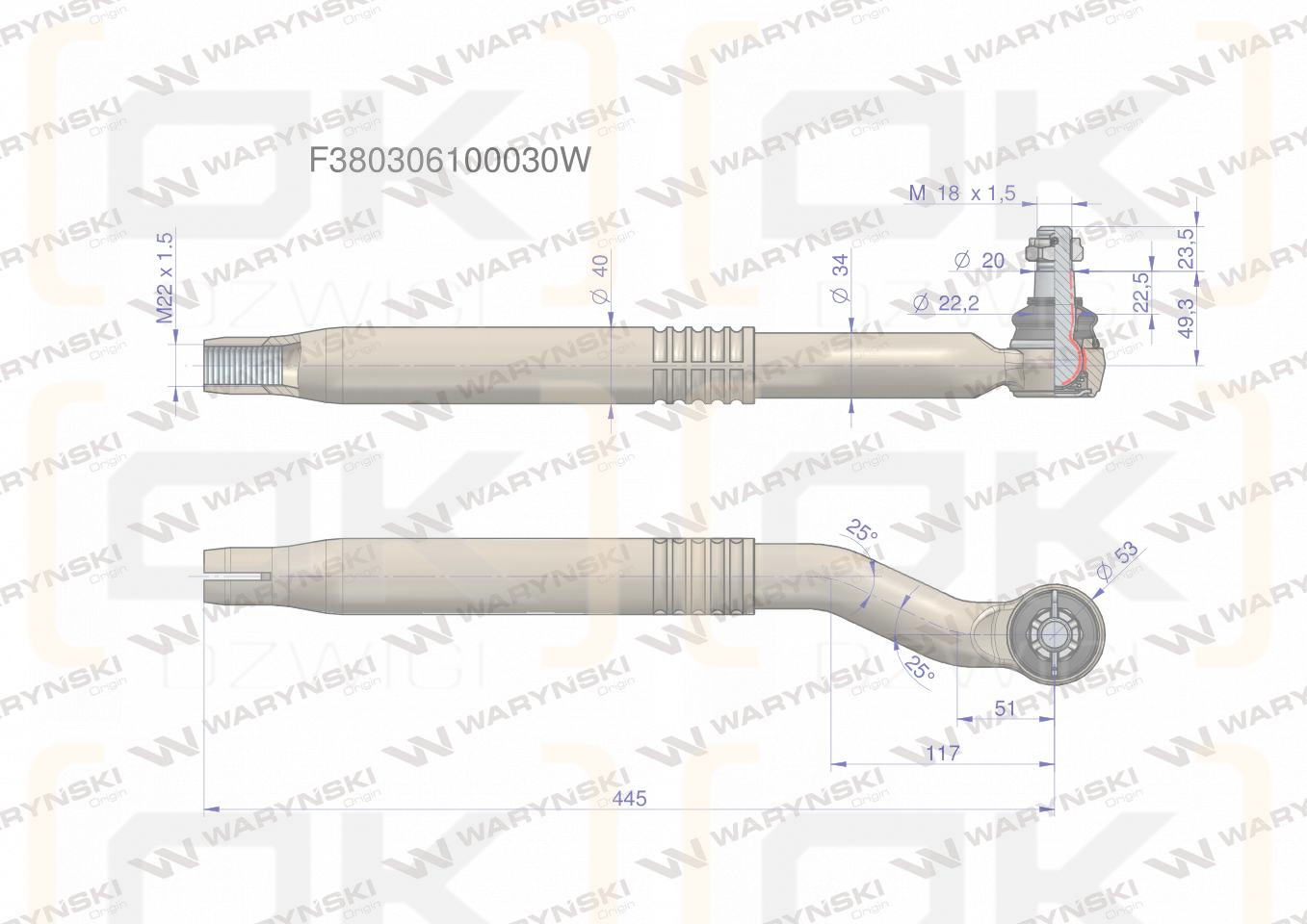 Przegub kierowniczy prawy M22 x 1.5 F380306100030 WARYŃSKI