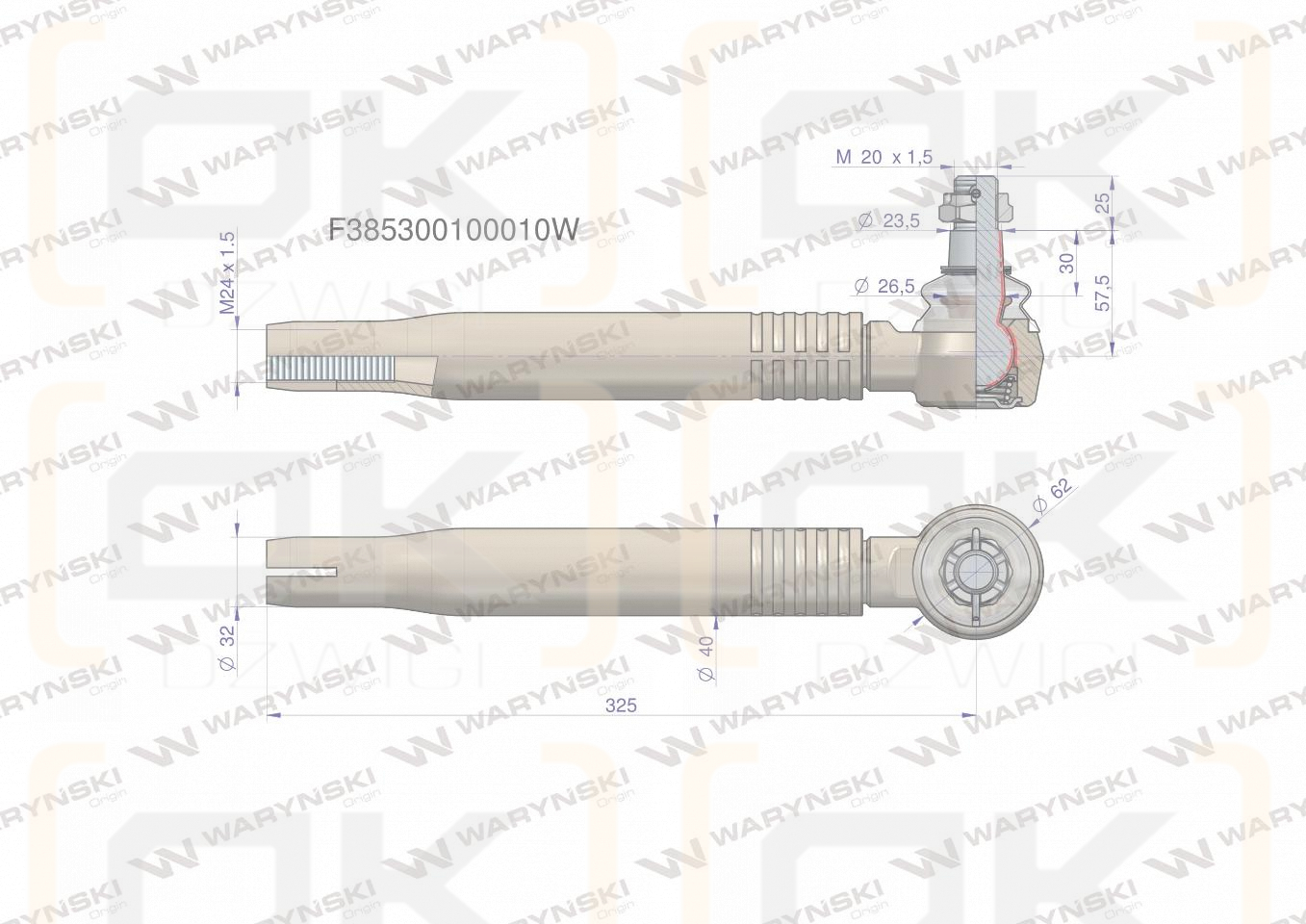 Przegub kierowniczy prawy/lewy 325mm- M24x1,5 F385300100010 WARYŃSKI