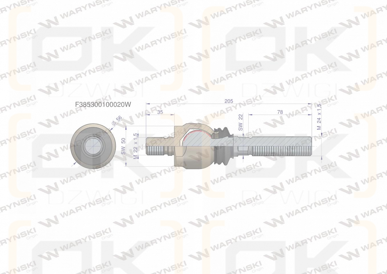 Przegub kierowniczy 205mm- M22x1,5; M24x1,5 F385300100020, F339300020290  WARYŃSKI