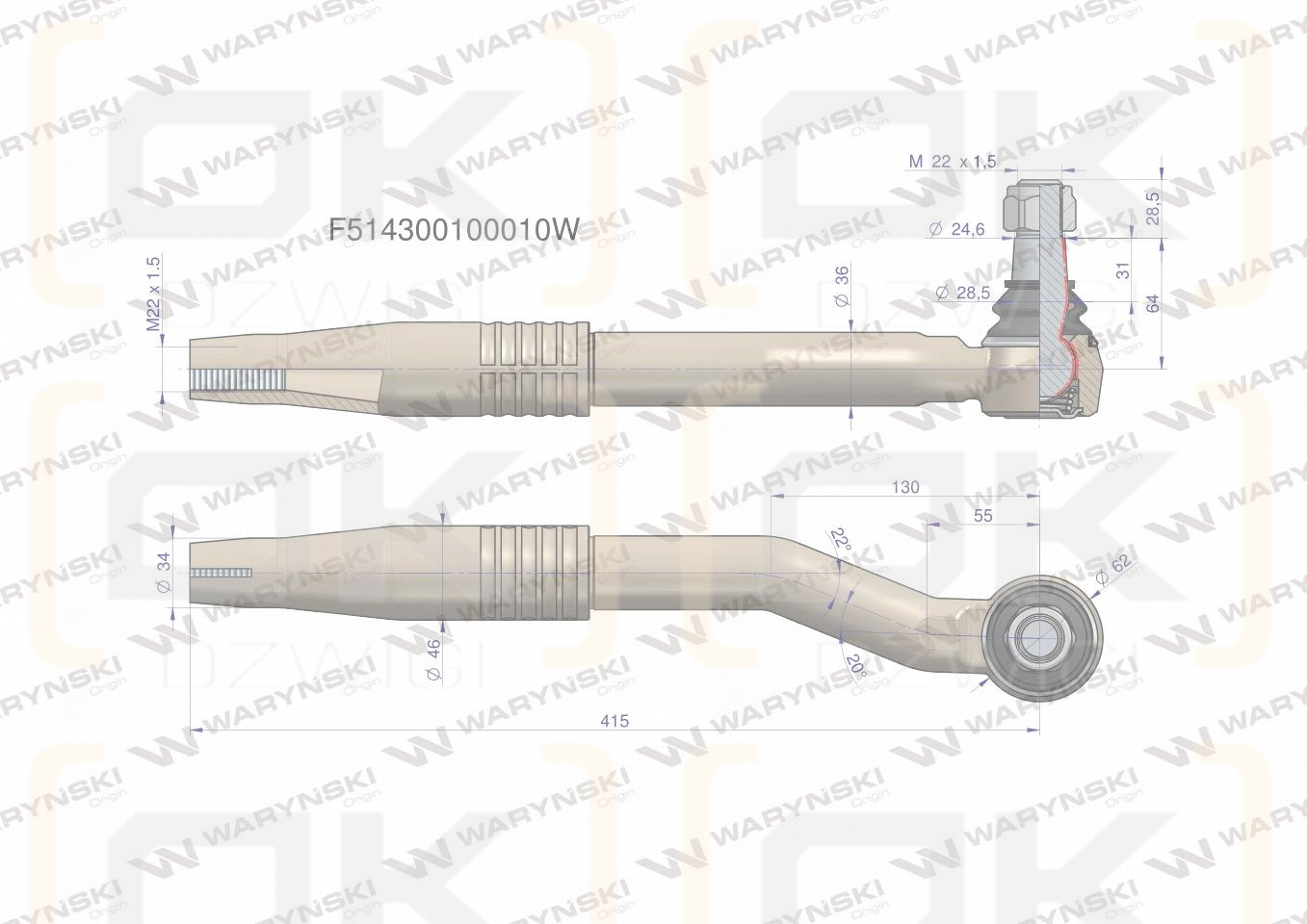 Przegub kierowniczy prawy 415mm- M22x1,5 F514300100010 WARYŃSKI
