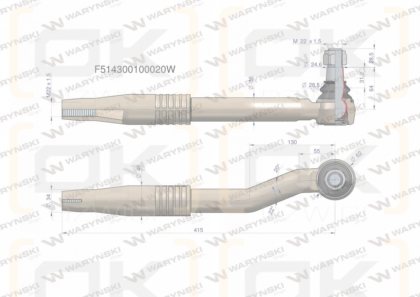 Przegub kierowniczy lewy 415mm- M22x1,5 F514300100020 WARYŃSKI