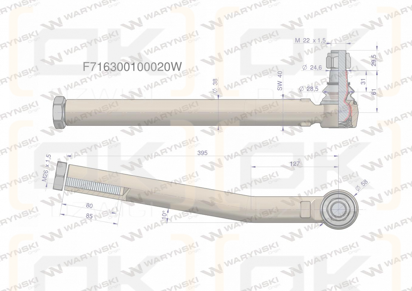 Przegub kierowniczy prawy 395mm- M26x1,5 F716300100020 WARYŃSKI