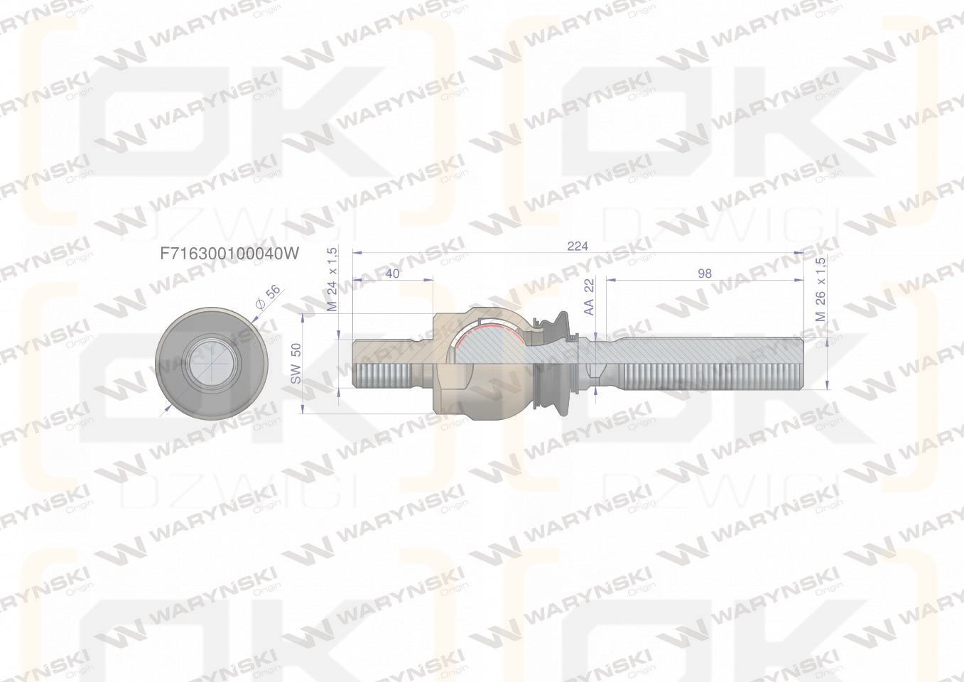 Przegub kierowniczy 224mm- M24x1,5; M26x1,5 F716300100040 WARYŃSKI