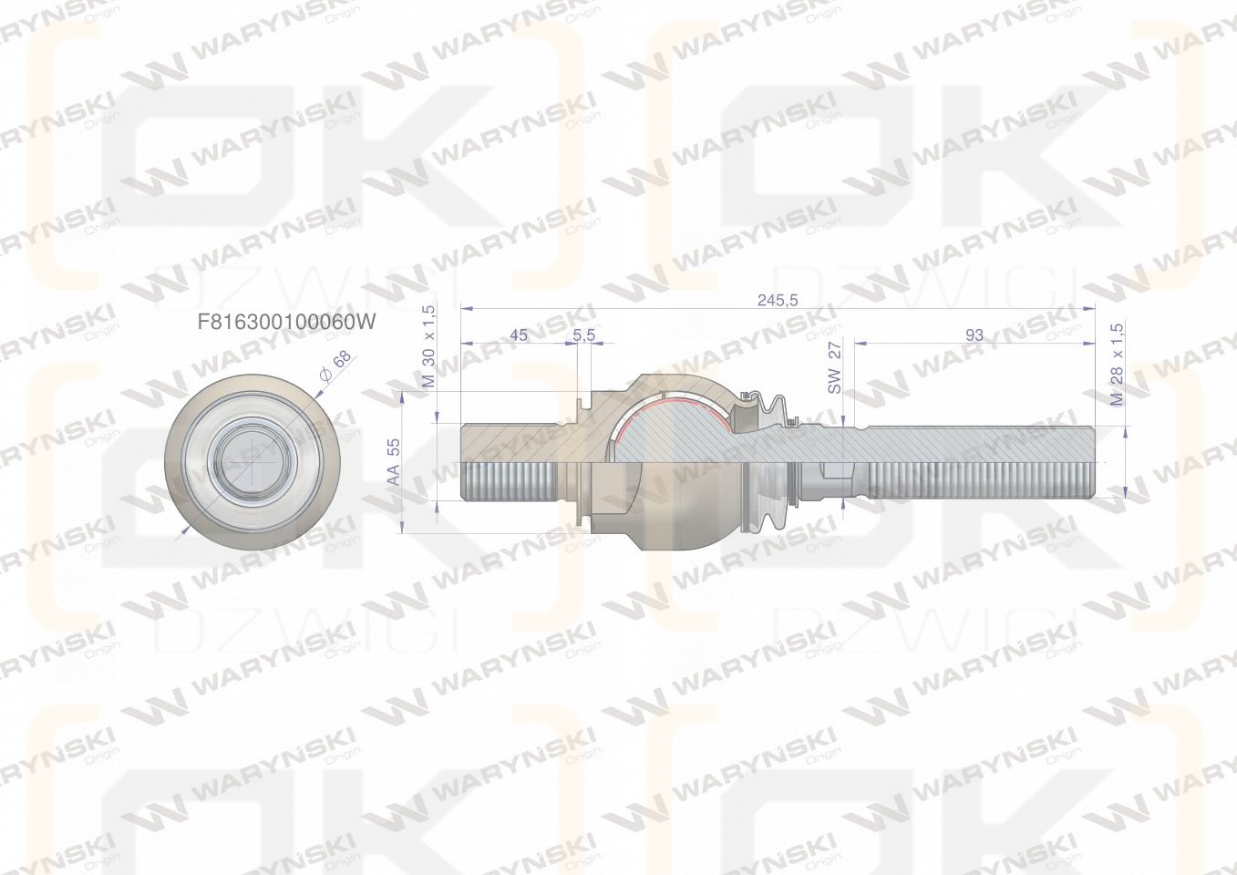 Przegub kierowniczy 245,5mm- M30x1,5; M28x1,5 F816300100060 WARYŃSKI