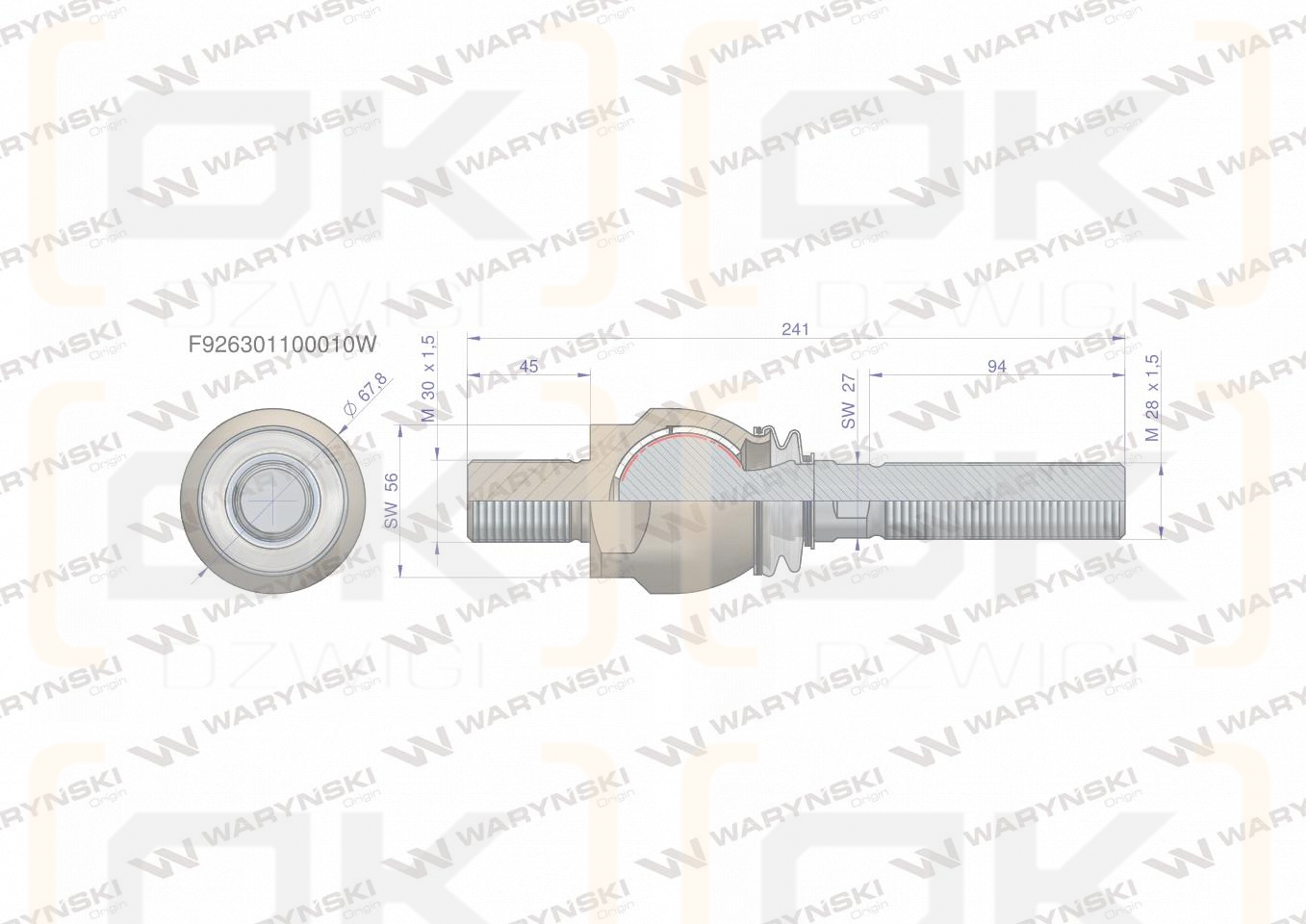 Przegub kierowniczy 241mm- M30x1,5; M28x1,5 F926301100010 WARYŃSKI
