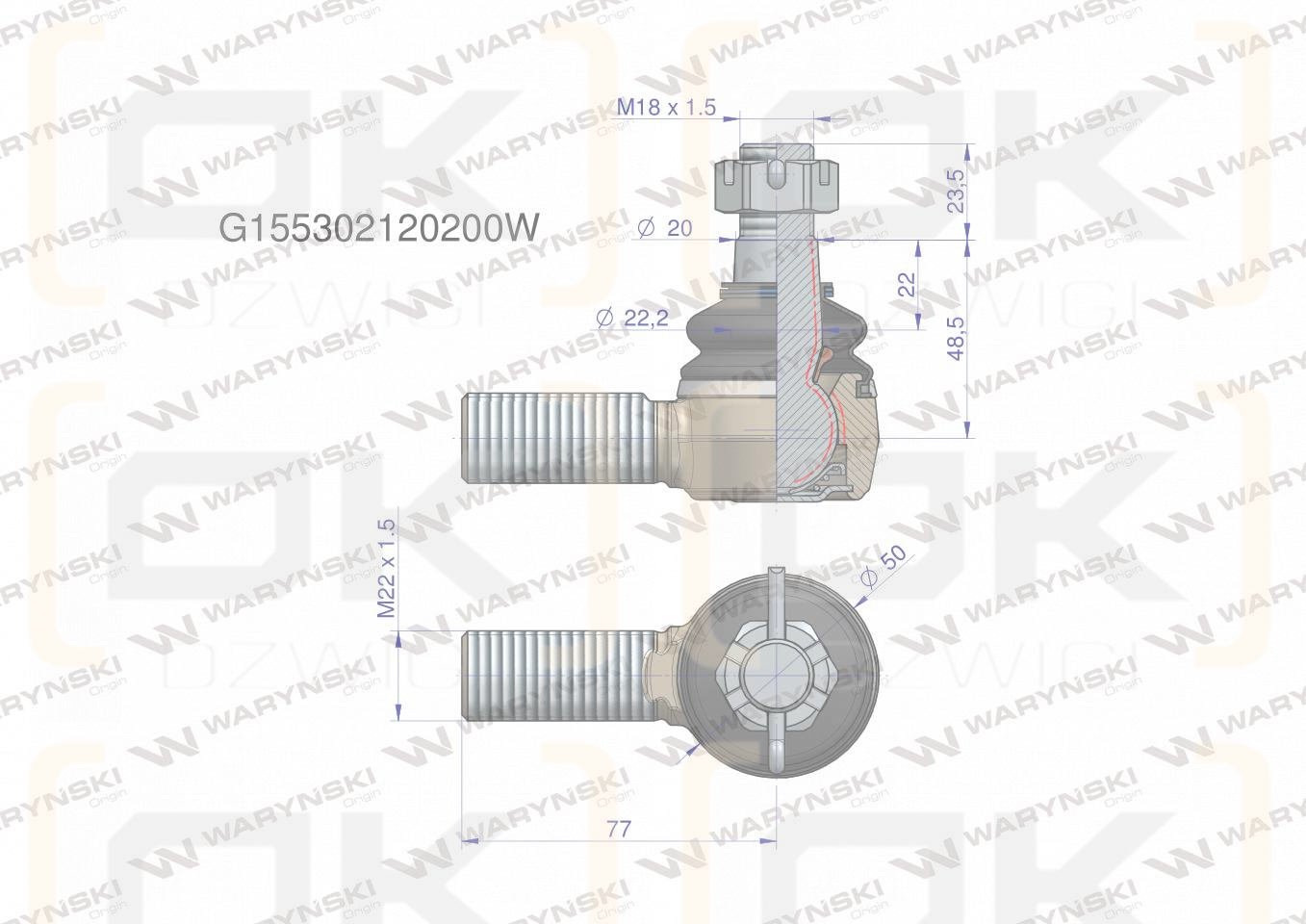 Przegub kierowniczy M22x1.5 G155302120200 WARYŃSKI