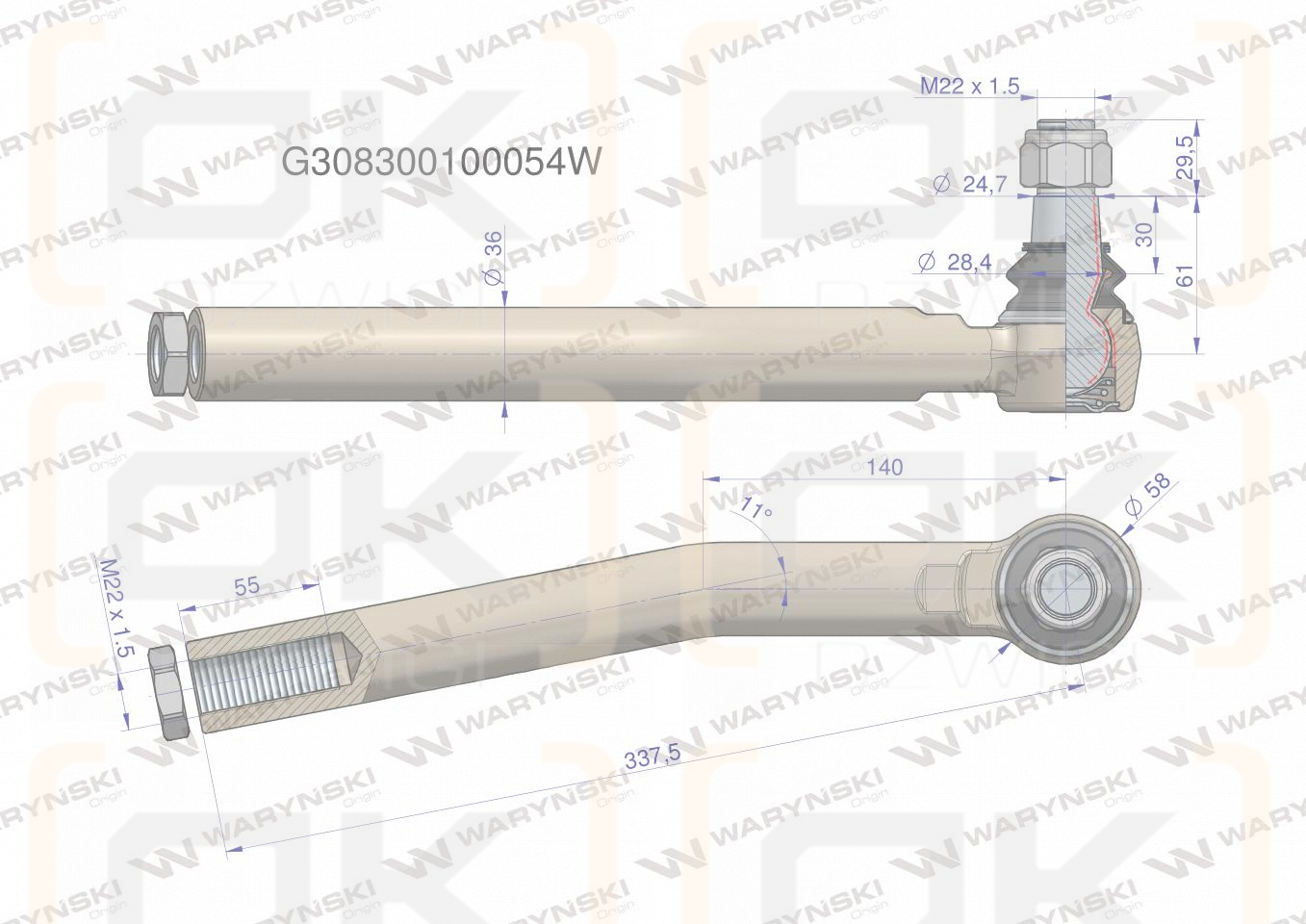 Przegub kierowniczy prawy M22x1.5 G308300100054 WARYŃSKI