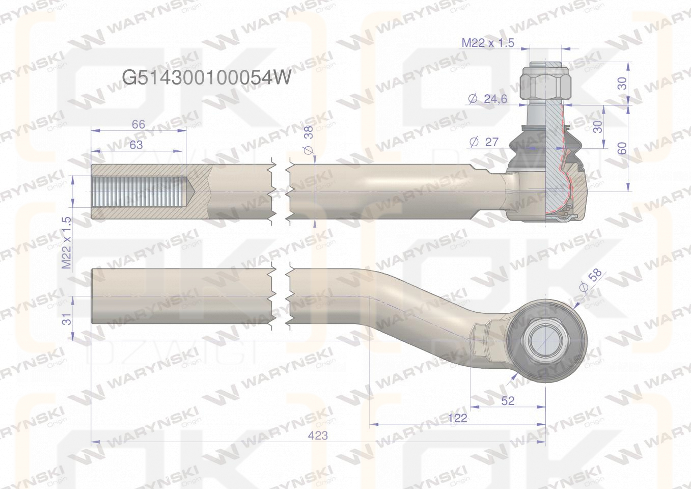 Przegub kierowniczy prawy M22x1.5 G514300100054 WARYŃSKI