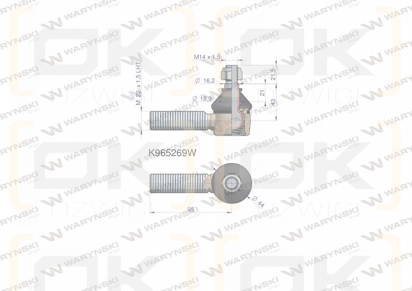 Przegub kierowniczy 95mm- M22x1,5 L K965269 WARYŃSKI