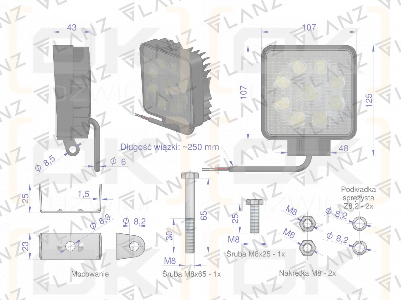 Lampa robocza kwadratowa 27W 9 LED GLANZ