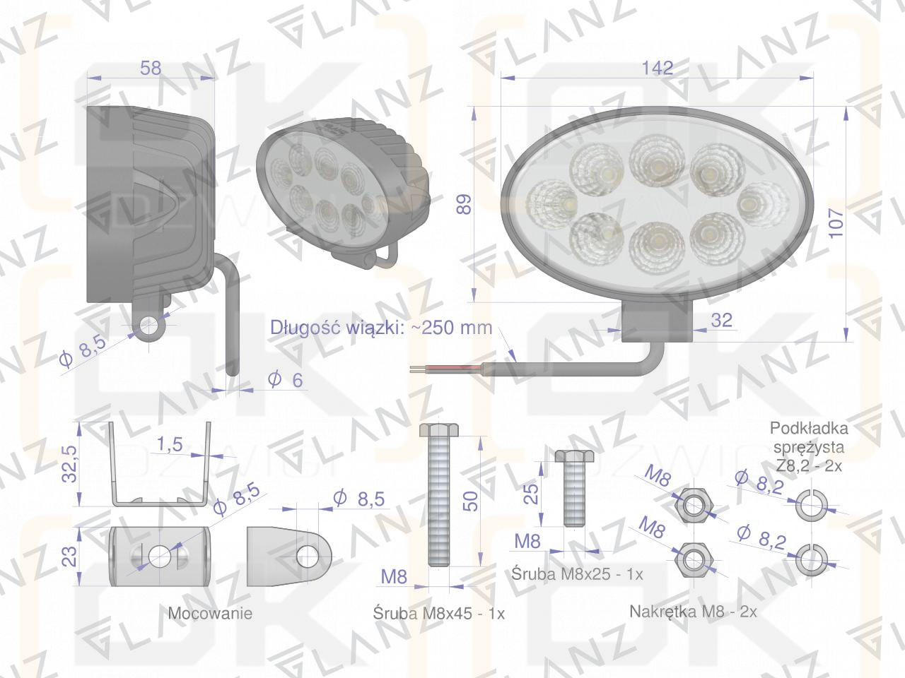 Lampa robocza elipsa 24W 8 LED GLANZ